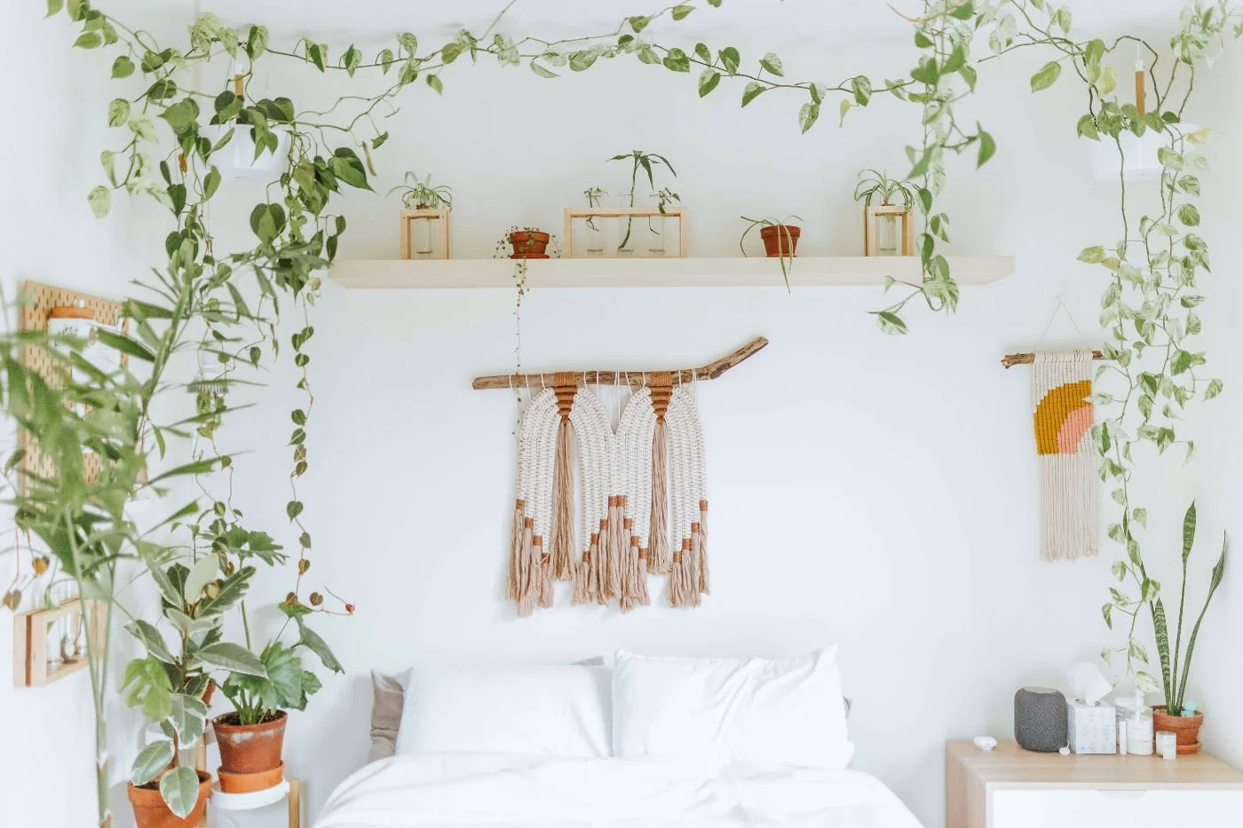 Cozy boho-style bedroom with hanging green plants, macramé wall décor, and shelf canopy, showing non-paint wall refresh ideas.