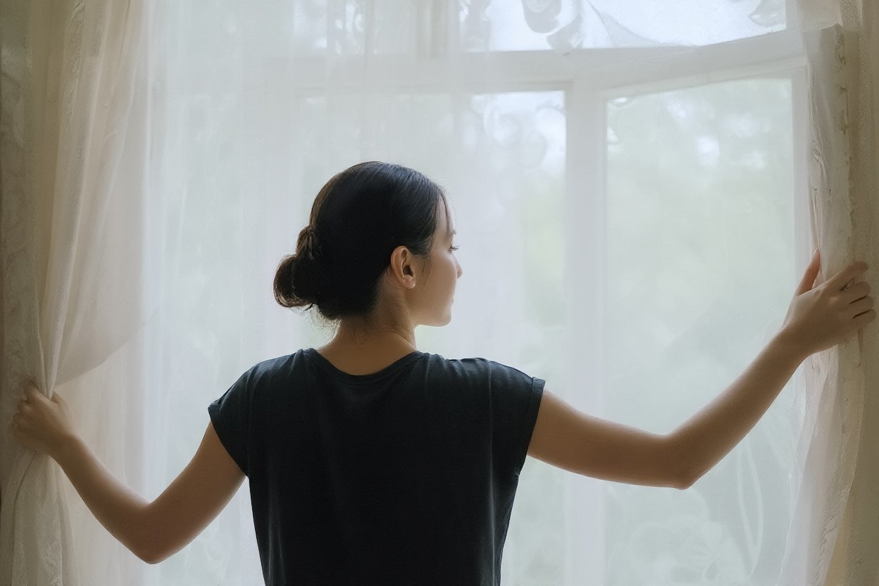 Young woman standing in open window spreading the curtains aside as symbol of morning fresh air routine.