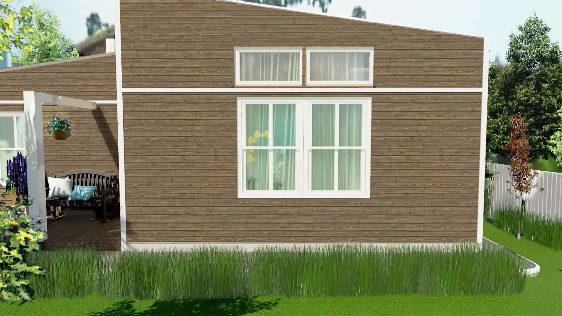 Wooden house facade with white muntin windows matching a white fence, showcasing intentional un-uniformity and traditional architectural details.