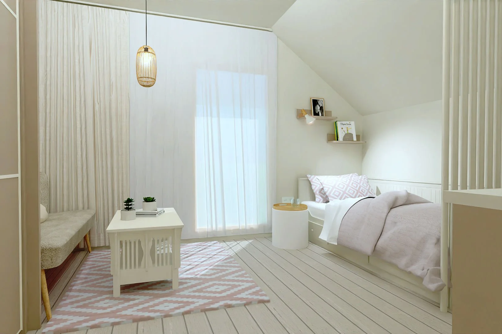 Soft pink and white studio bedroom corner with built-in bed nook and gentle layered textures