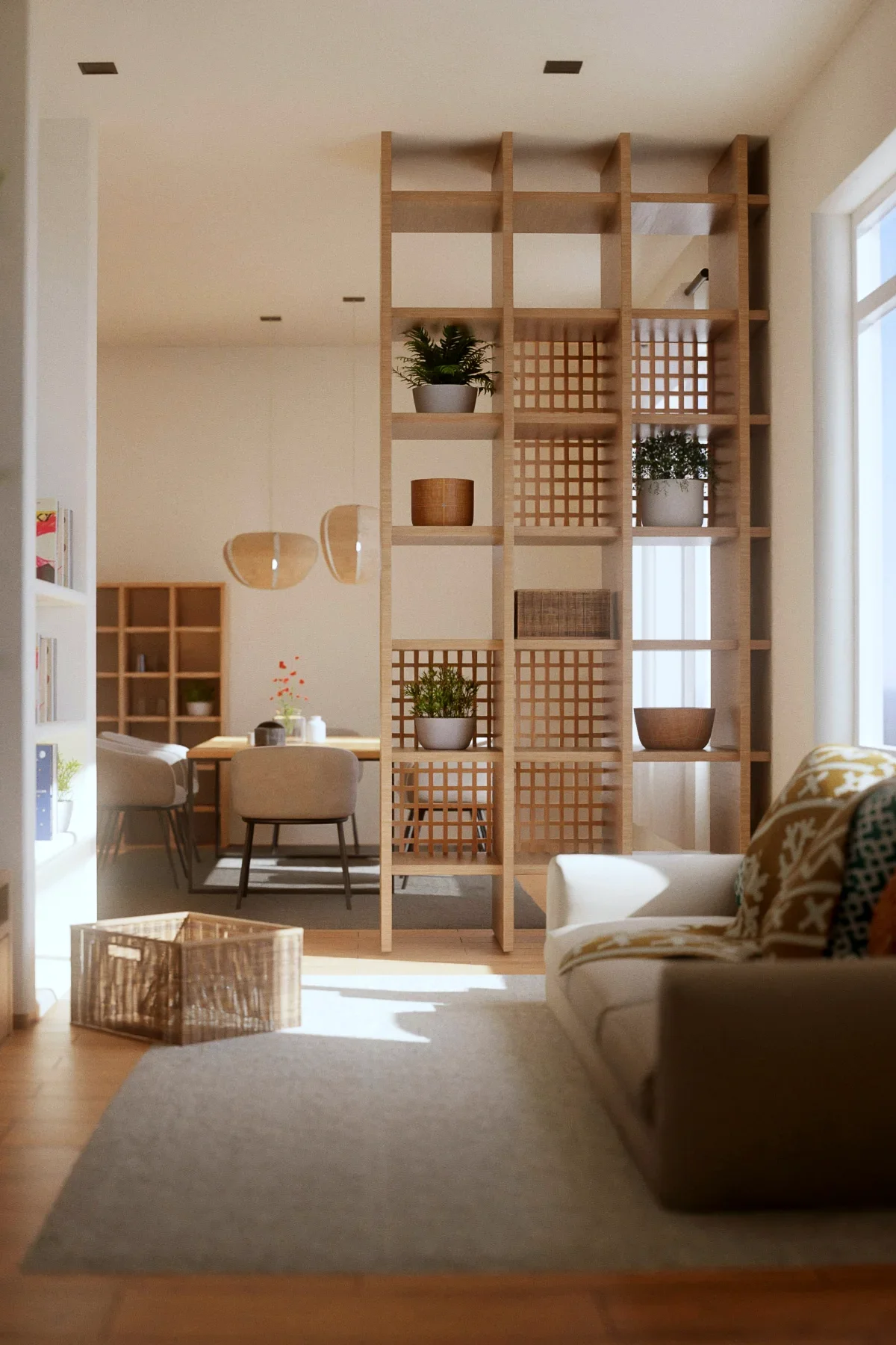 Floor-to-ceiling open bookcase used as a see-through room divider and vertical cue between areas in an open-plan interior.