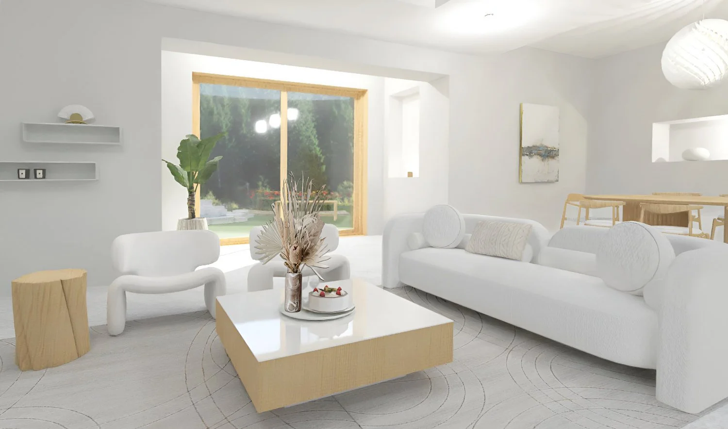 Bright white minimalist living-dining room with organically shaped sofa and armchairs, large sliding door leading to garden and modern art.