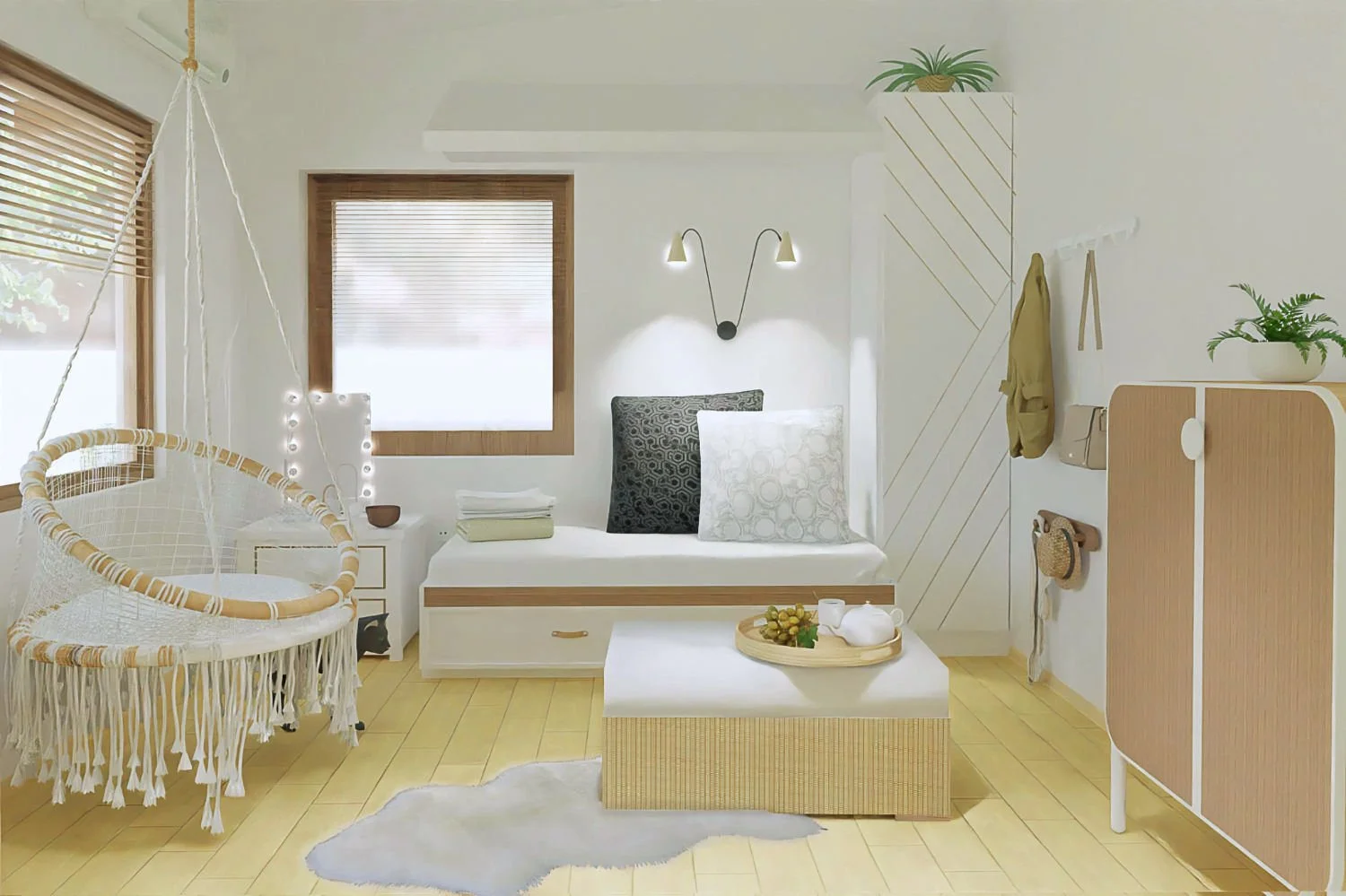 Calm white studio with natural wood bed styled as sofa in soft minimal interior