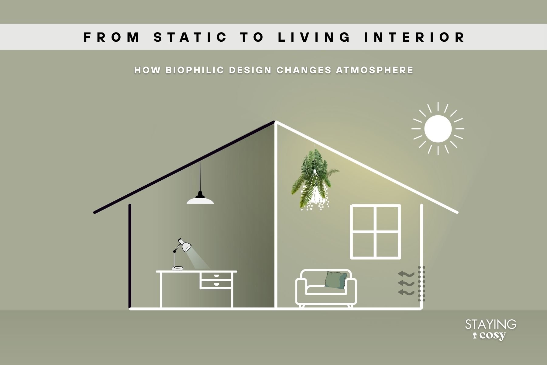Split interior graphic showing a transition from a static, shadowed space to a light-filled biophilic home with natural light, greenery, and warm tones.
