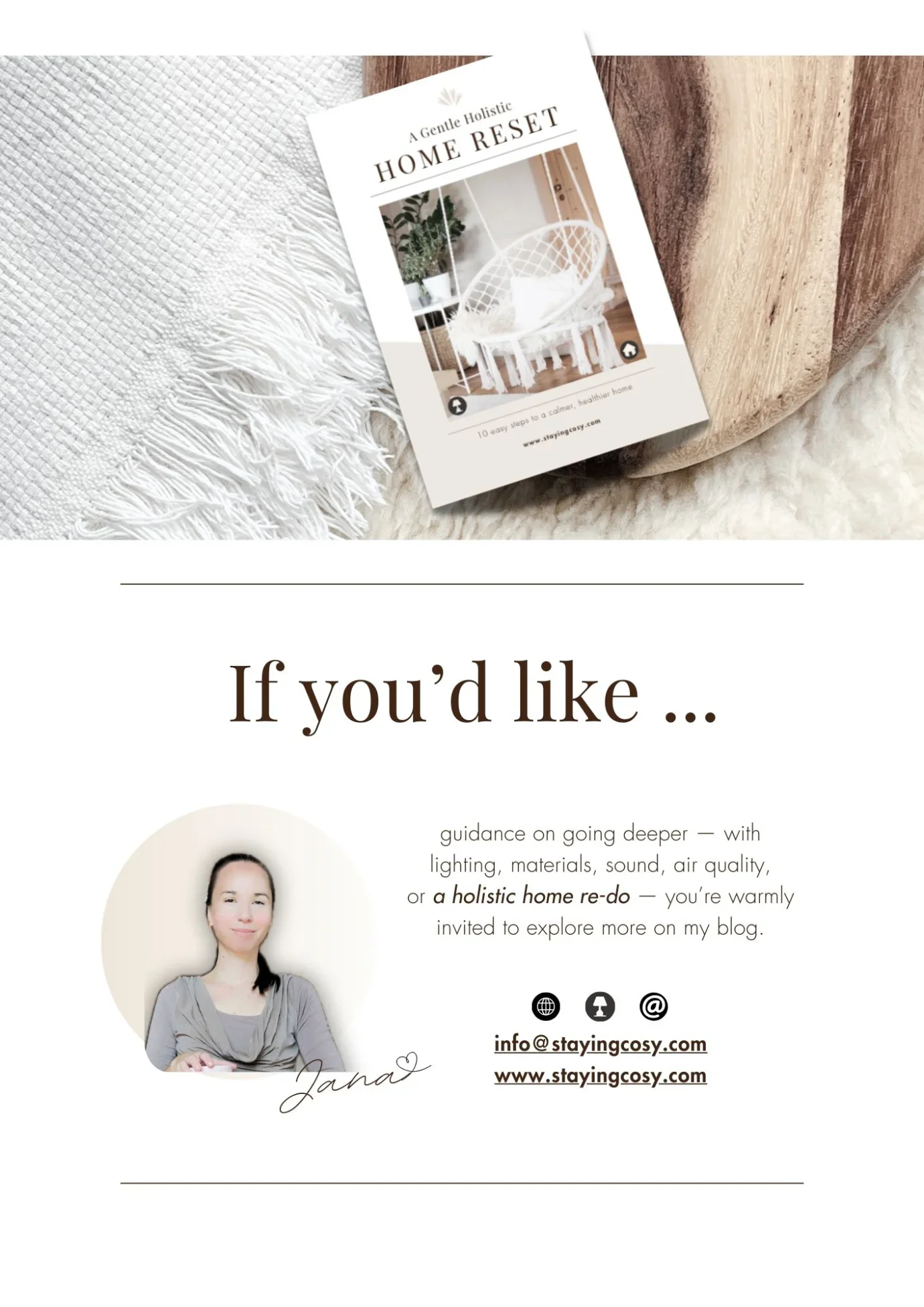 A promotional flyer for Janda's blog about creating a holistic and healthy home environment, featuring a photo of the author, contact information, and images of home decor.