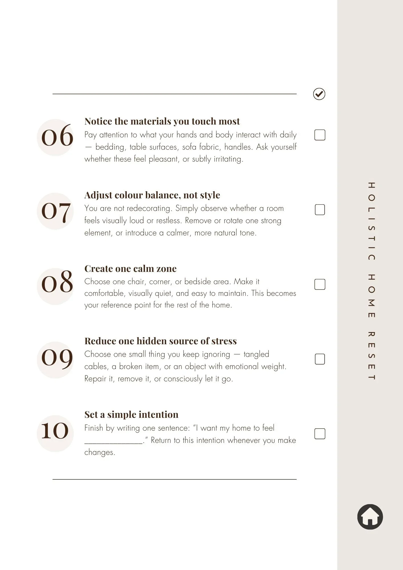 Page from a home organization or wellness guide with numbered tips for creating a harmonious home environment, including tips on noticing touch, adjusting color balance, creating a calm zone, reducing stress sources, and setting intentions.