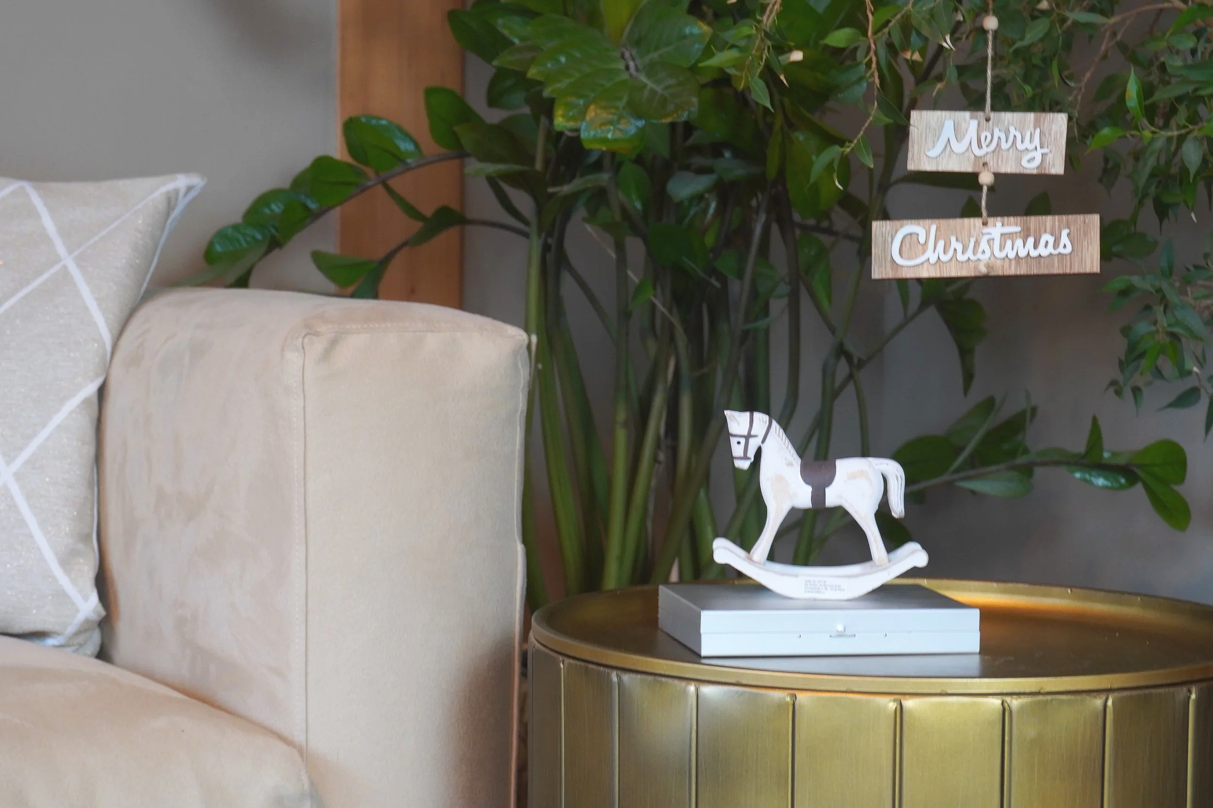 Christmas-decorated living room corner with plants in background and Merry Christmas sign