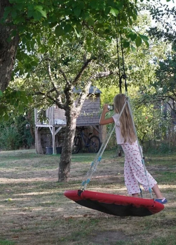 A child on a round tree swing hanging of a large walnut tree and smaller tree and child wooden play house.