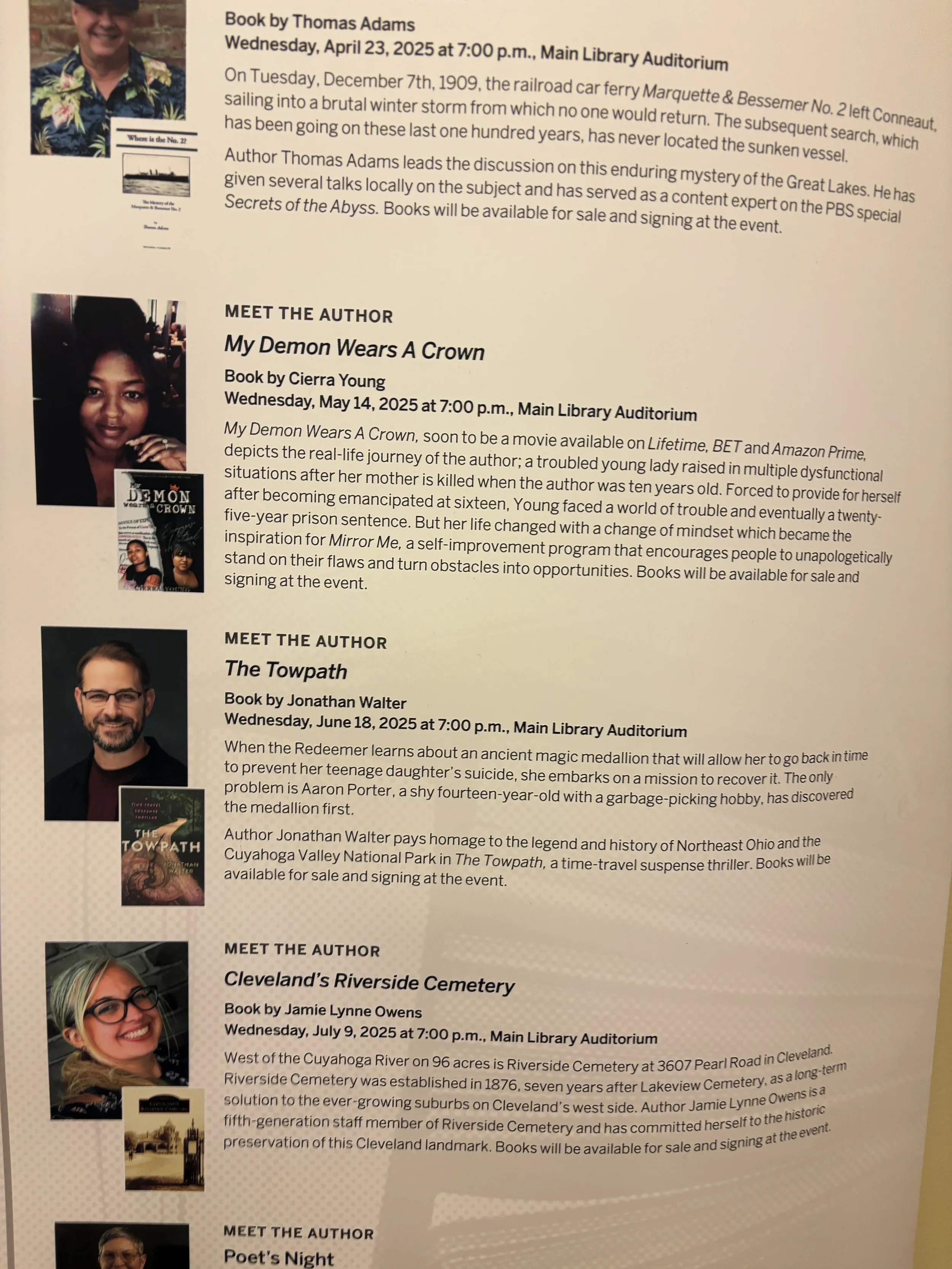 A printed schedule of author events at a library, including photos and descriptions of four authors and their books, with event dates and times.