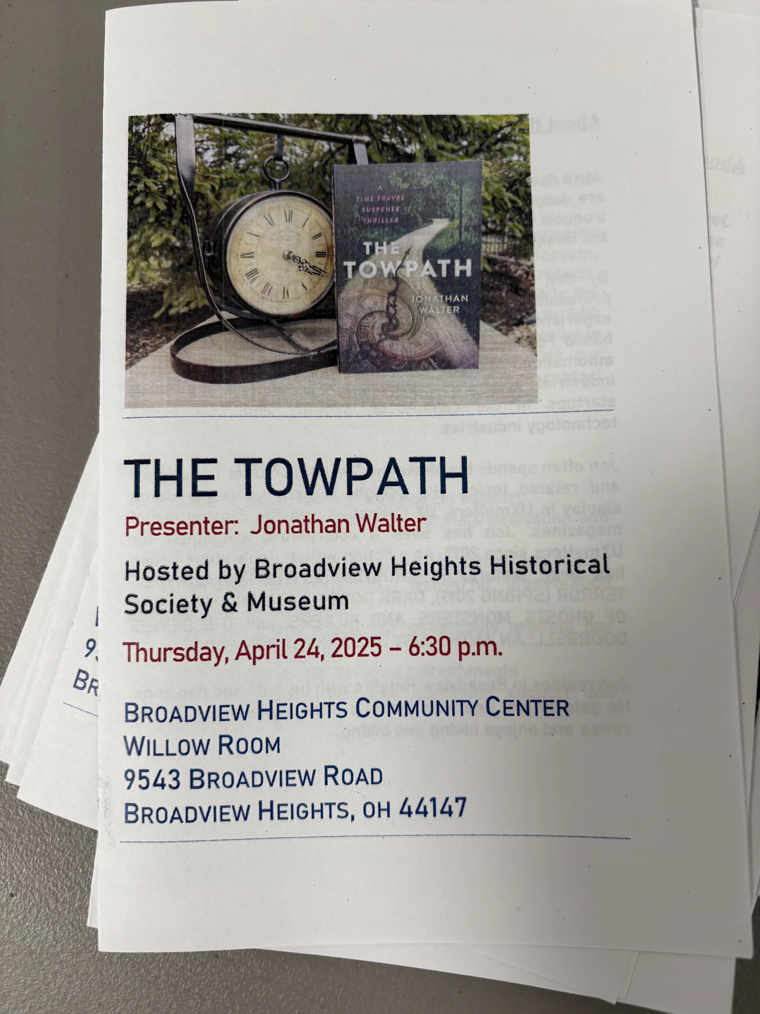 Event flyer for a presentation titled 'The Towpath' by Jonathan Walter, hosted by Broadview Heights Historical Society & Museum, scheduled for Thursday, April 24, 2025, at 6:30 p.m., at Broadview Heights Community Center, Willow Room, 9543 Broadview