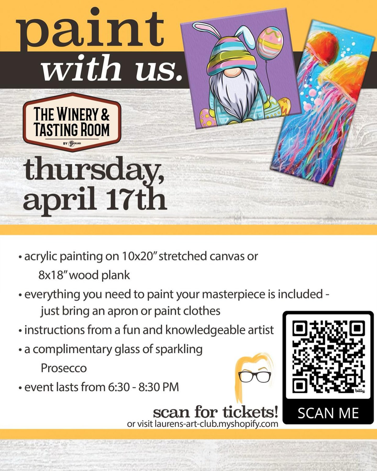 🎨🍷 Get ready for another round of brushes, bubbly, and good vibes! Join us at The Winery &amp; Tasting Room on Thursday, April 17th for our next Paint &amp; Sip with Lauren&rsquo;s Art Club.
Choose between a stretched canvas or wood plank, sip on a