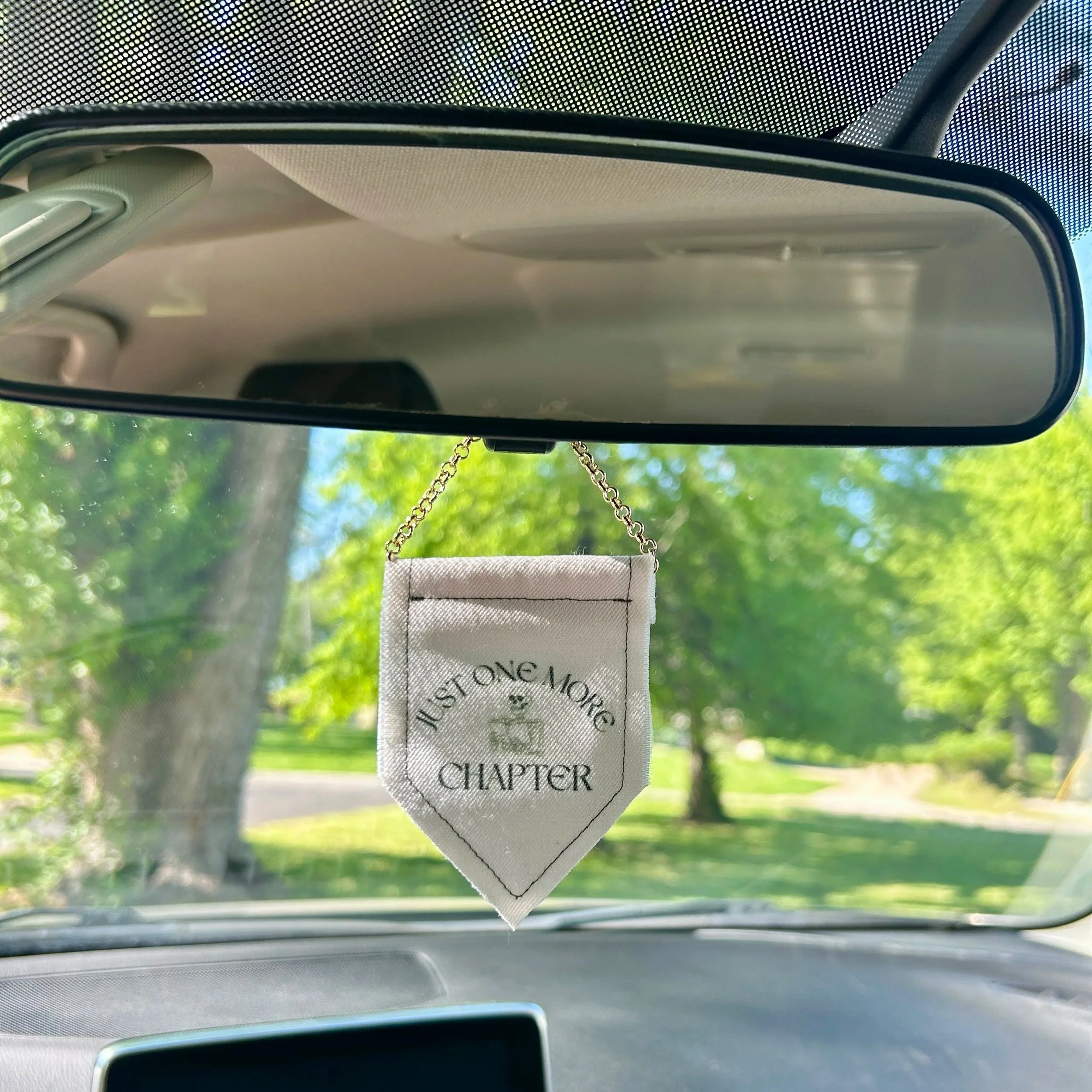 Handmade upcycled white fabric mini banner with "just one more chapter" and an image of a skeleton reading a book - design infused ink design