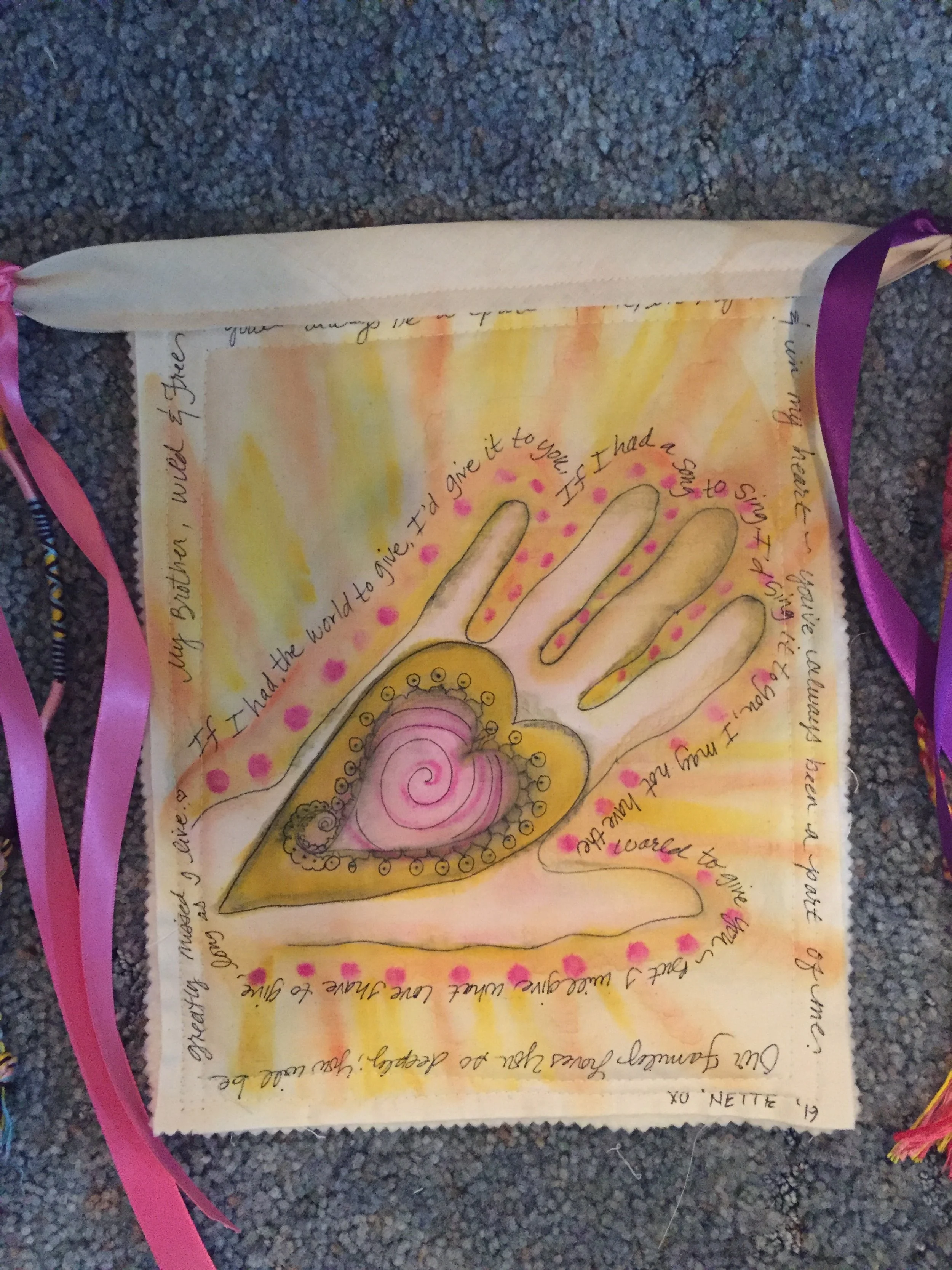 Hand made, painted & sewn Fabric Banner. 
Just one panel created for my dear brother's passing.  A devastating loss, I found healing in creating a large banner that included many family members' and friends' hand silhouettes. 
2020