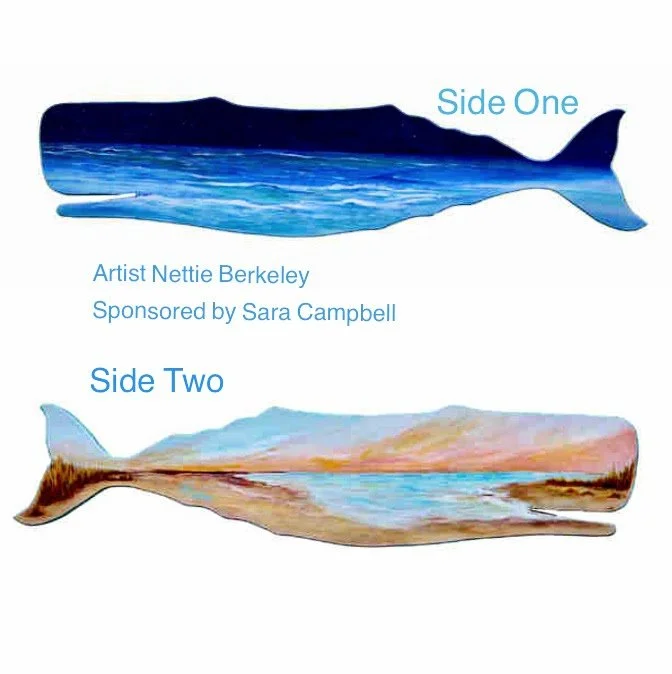 "Sunset on the Sea"
Side 1: Dusk
Side 2: Dawn
Hand-painted Whale.
Acrylic, Sealed with 5 coats clear varnish.
5' Foot Long
Sold for Charity - Art in the Park
Sara Campell, Chatham, MA
2022