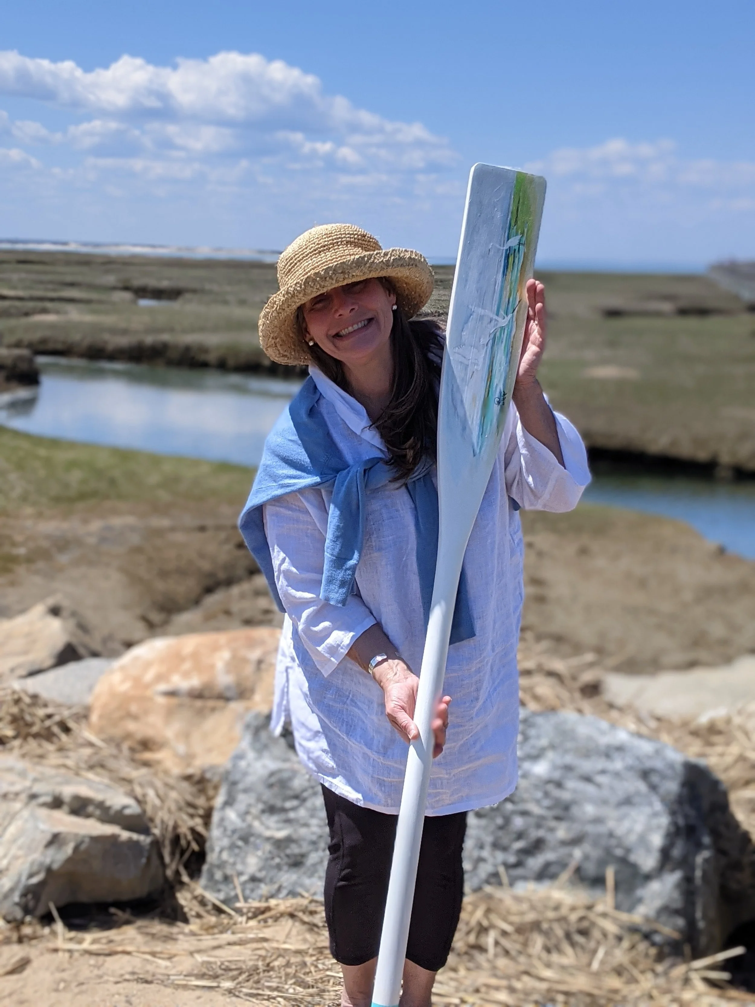 "Herons Hunting on the Marsh"
Hand-painted Oar.
Acrylic, Sealed with 5 coats clear varnish.
5' Foot Long
Sold for Charity - Oars in the Stores
Sarah Campbell
Chatham, MA
2021