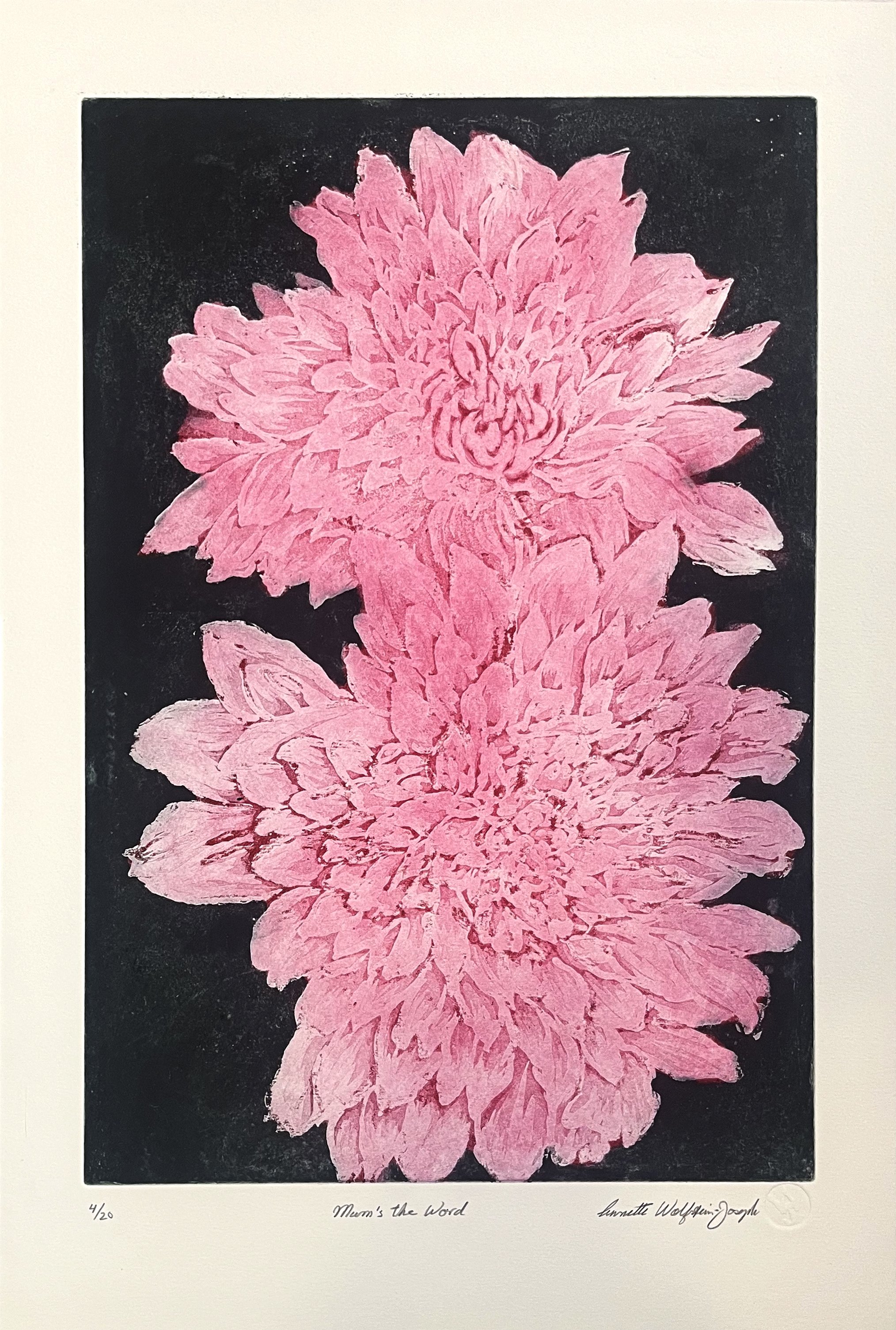 "MUM'S THE WORD" Etching with aquatint on copper plate 18” H x 12” W, on Arches paper 22”H x 15” W, $295