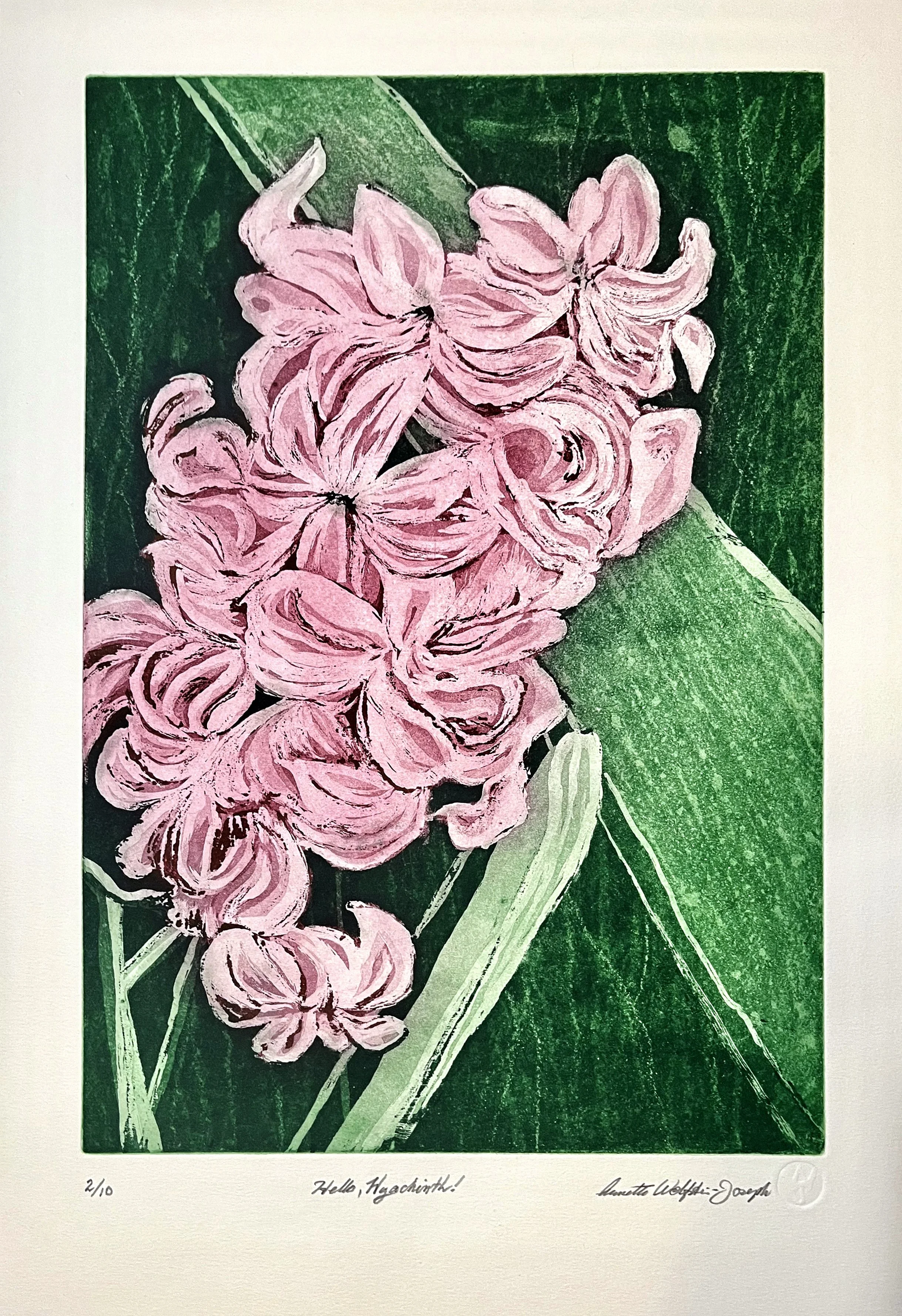 "HELLO, HYACINTH" Etching with aquatint on copper plate 18” H x 12” W, on Arches paper 22”H x 15” W, $295
