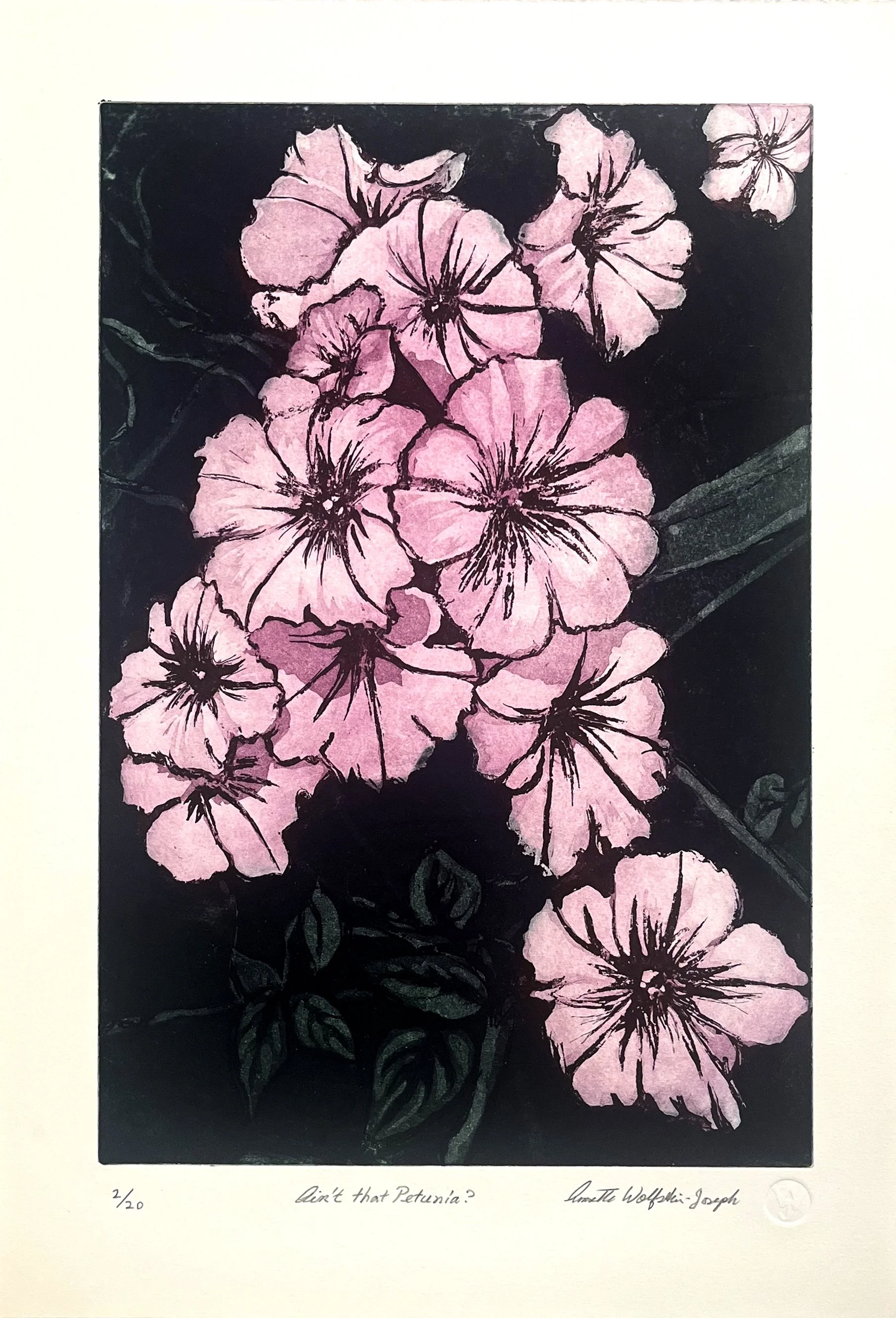 "AIN'T THAT PETUNIA?" Etching with aquatint on copper plate 18” H x 12” W, on Arches paper 22”H x 15” W, $295