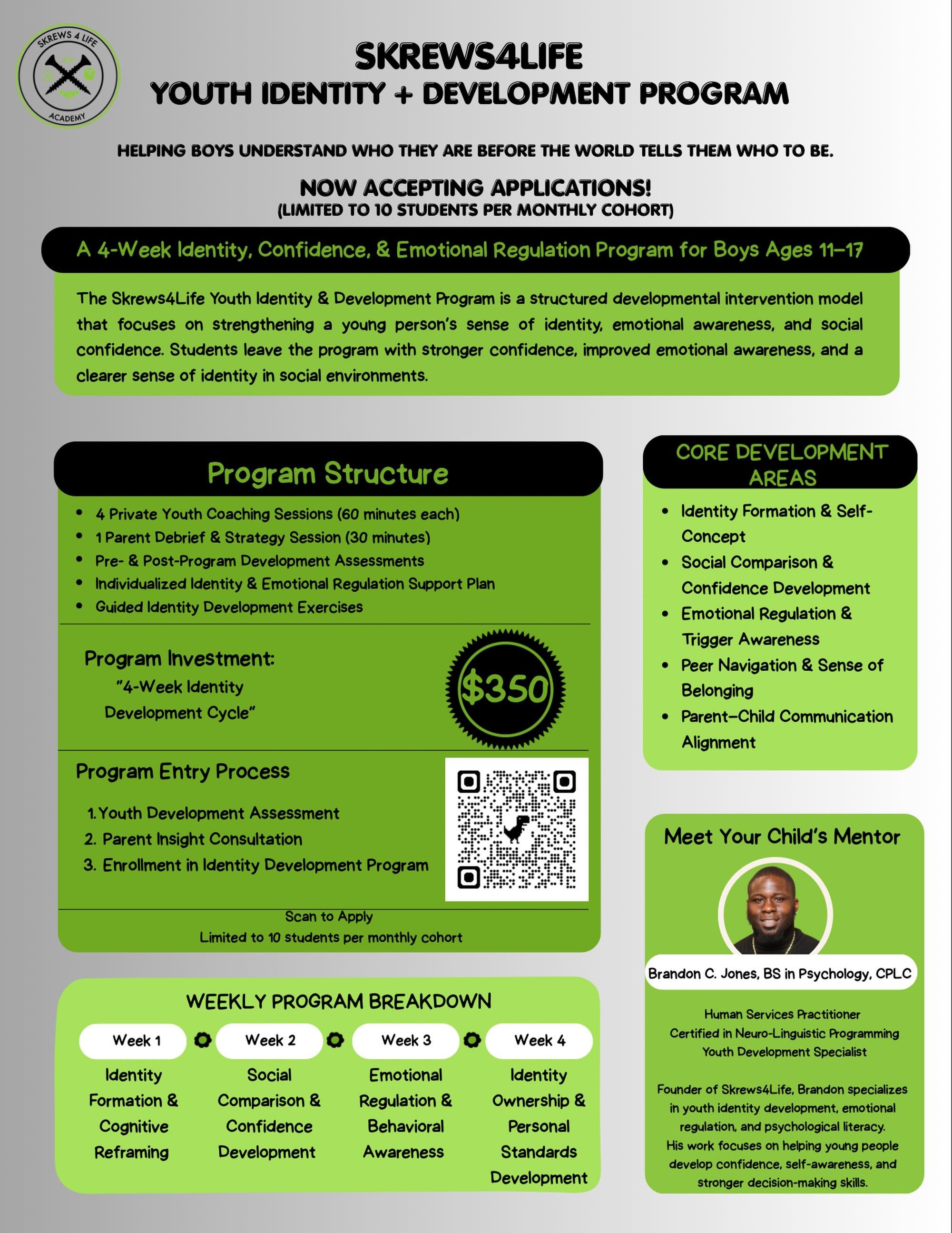 Helping boys understand who they are before the world tells them who to be.

The Skrews4Life Youth Identity +
Development Program is now accepting applications.

A 4-week program focused on confidence, identity, and emotional awareness for boys ages 