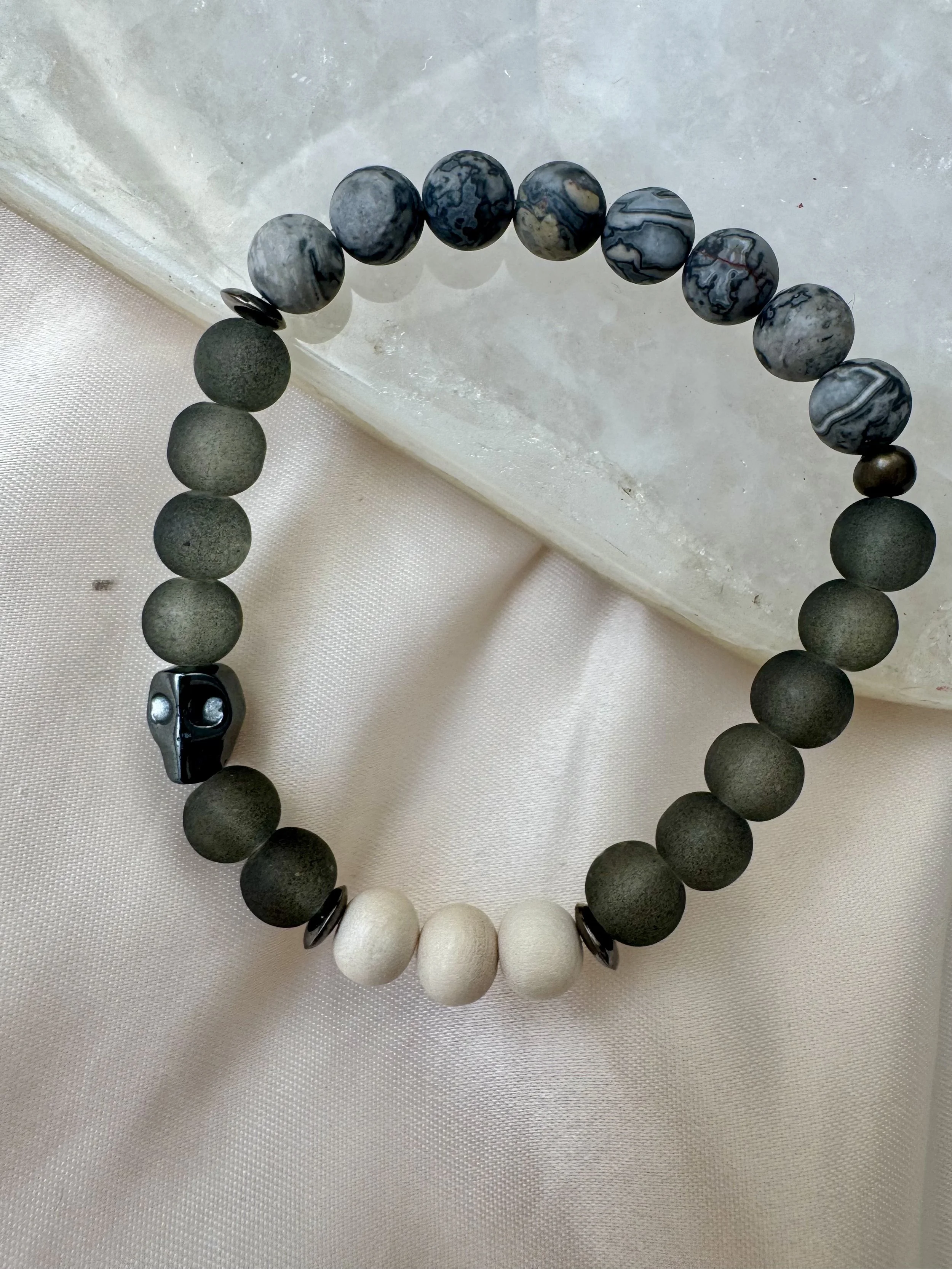 Hematite Skull x Picture Jasper x Wood + Glass