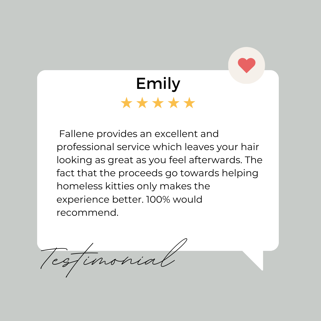 Online review card with a five-star rating and a testimonial for Fallene hair service. The card features a heart icon in the top right corner and the word 'Testimonial' handwritten at the bottom. The background is light gray.