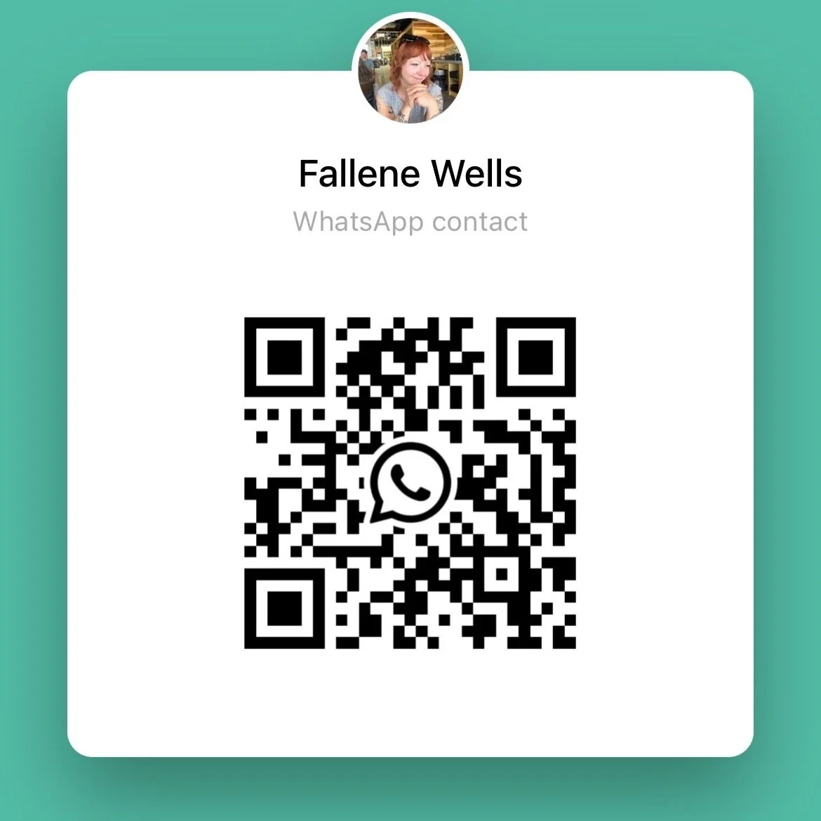 Screenshot of a WhatsApp contact with the name Fallene Wells, showing a QR code for scanning and a profile photo of a woman with red hair resting her chin on her hand, smiling, in a cafe or restaurant setting.