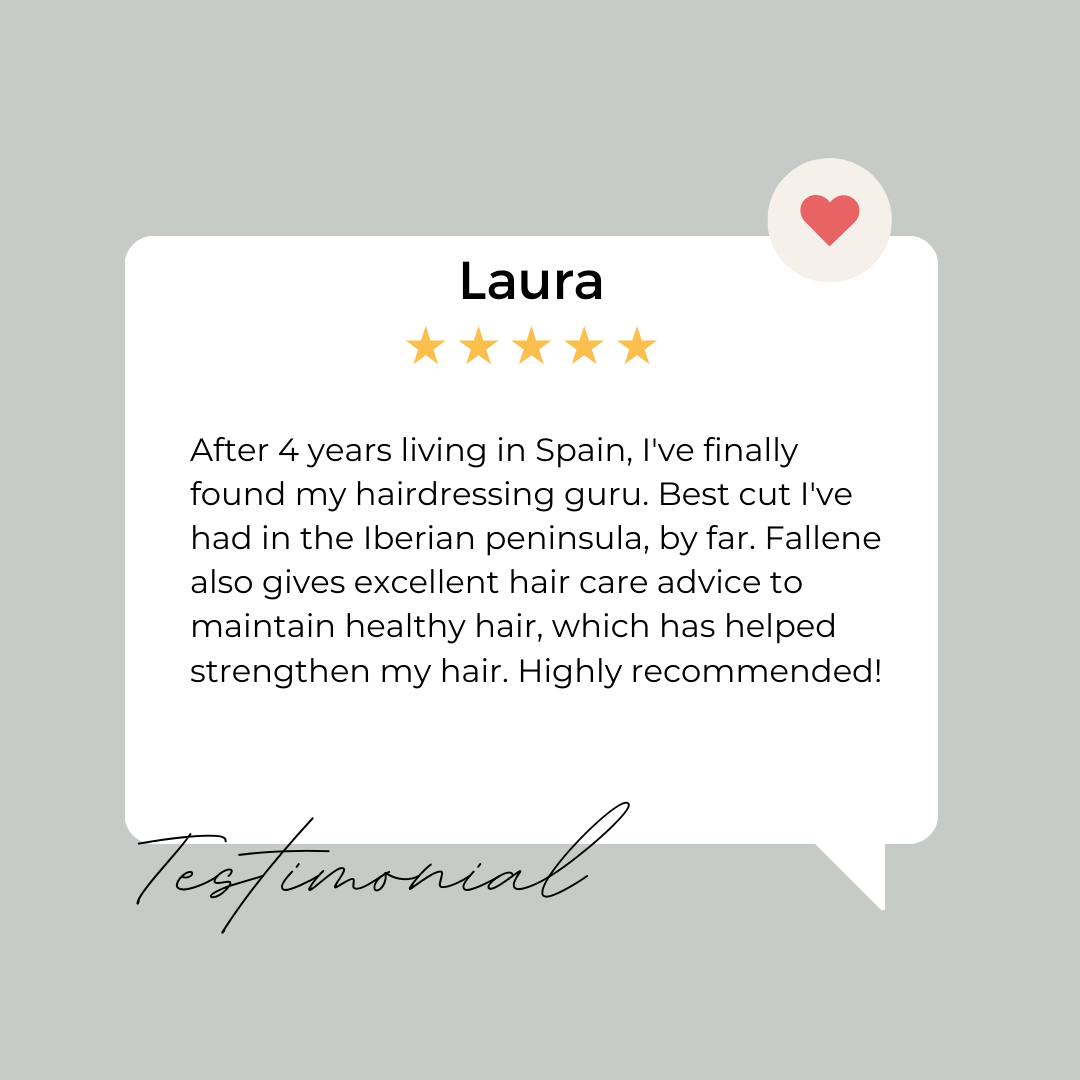 A testimonial card featuring a heart icon in the upper right corner, with five gold stars below the name Laura. The card contains a positive review about haircare by Fallene, praising her hairdressing skills and hair care advice. The background is a light gray color with a speech bubble shape housing the white text box. The word "Testimonial" is written in a cursive font at the bottom of the card.
