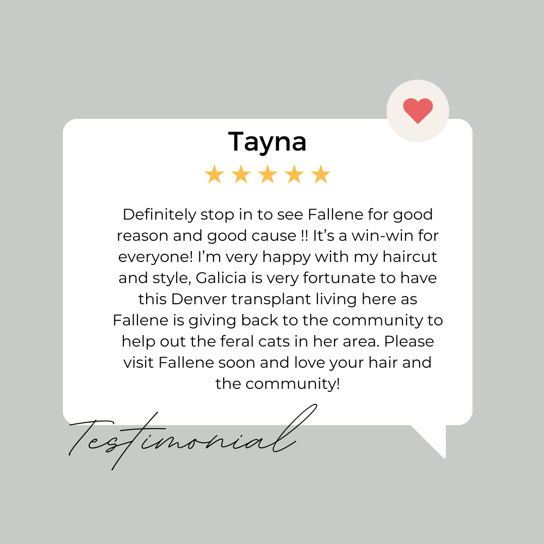 Customer review graphic featuring a speech bubble with a five-star rating, containing testimonial text and a heart icon in the top right corner.