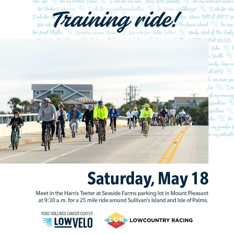 We are excited to be leading a training ride for @lowvelo on May 18th. The route will be a social 25 mile ride across the islands at a 16mph pace starting at 9:30 from the Harris Teeter in Seaside Farms. All are invited to come out and ride whether y