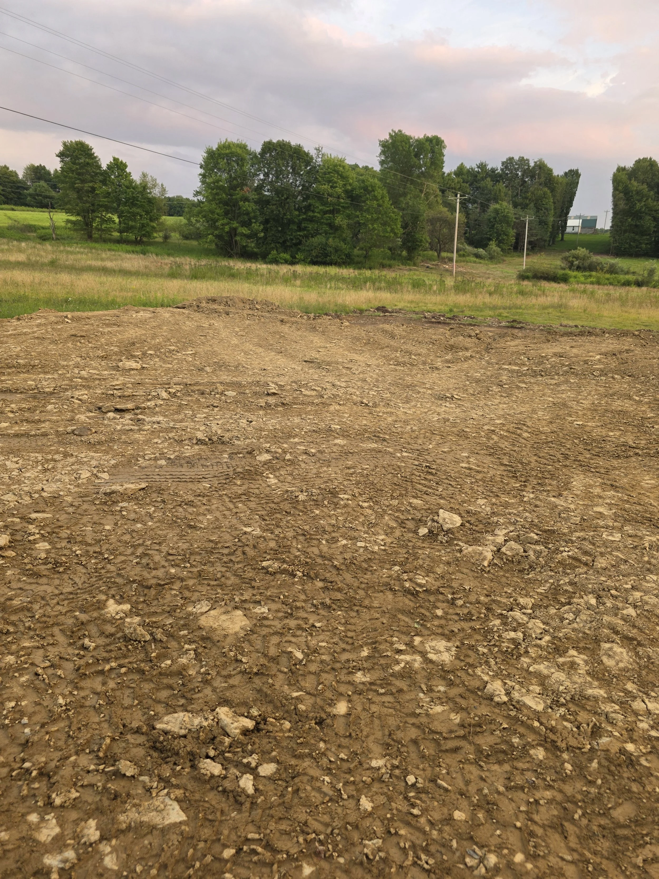 A patch of dirt in the foreground with a grassy field and trees in the background, utility poles and power lines running through a rural landscape under a cloudy sky.