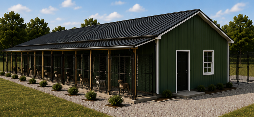 A green animal shelter building with a sloped metal roof, housing dogs in individual kennels, surrounded by fences and a landscaped area with small bushes.