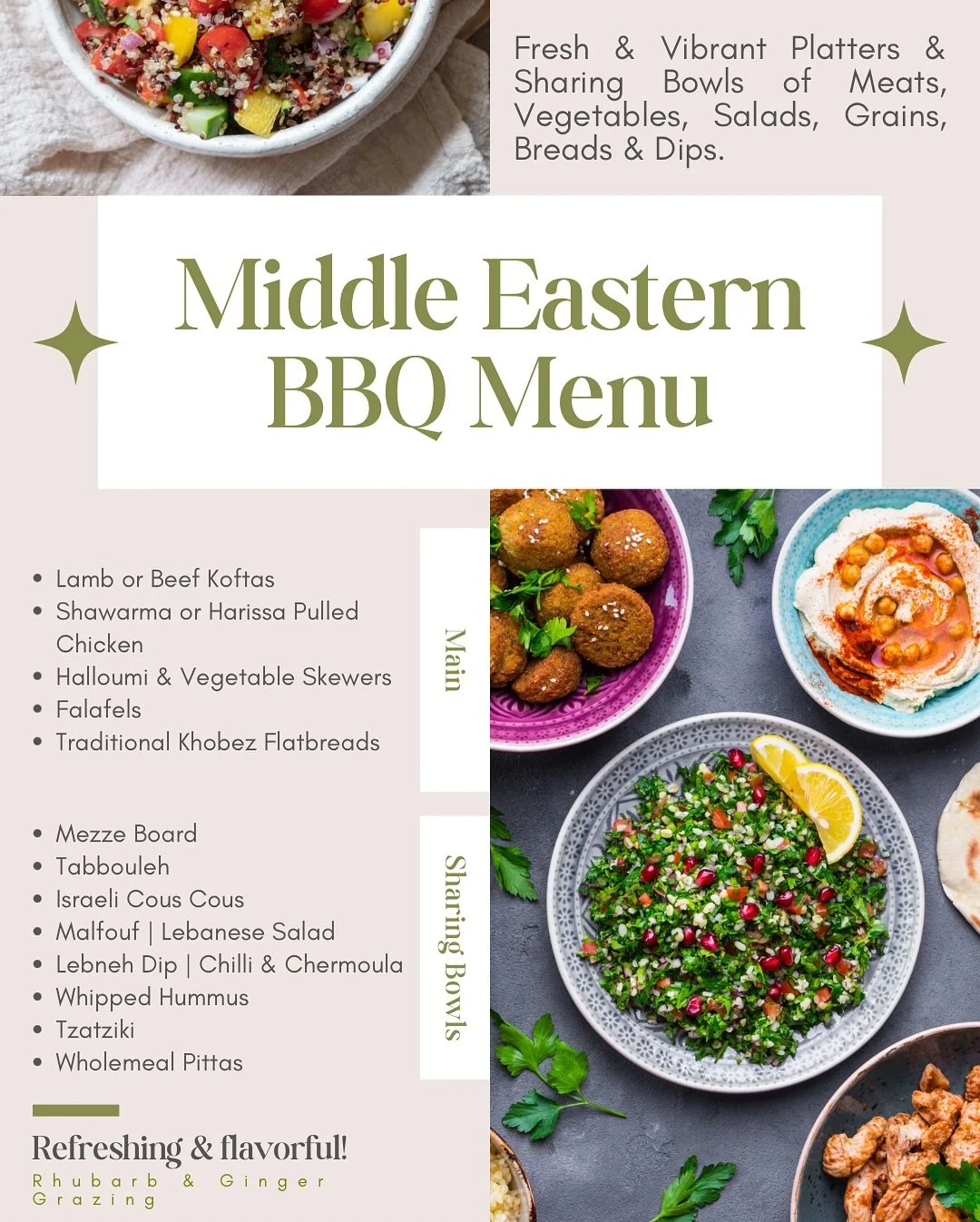 Middle Eastern BBQ Menu 🧆🌿

With Rachel &amp; Dan&rsquo;s Wedding fast approaching, we had the pleasure of hosting their Wedding Menu Tasting last week &mdash; and we couldn&rsquo;t resist sharing a peek at our Middle Eastern BBQ Menu and some of t