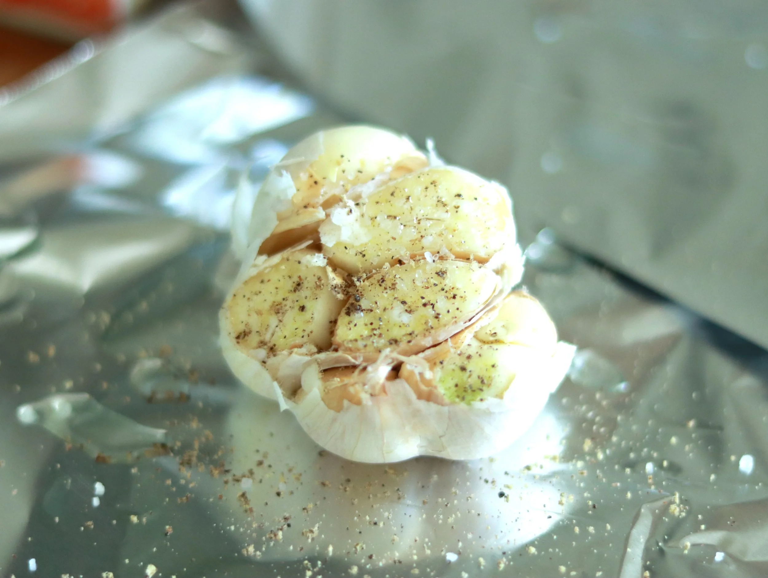 roasted garlic going into the oven