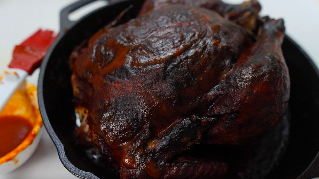 spicy baked whole chicken in cast iron pan