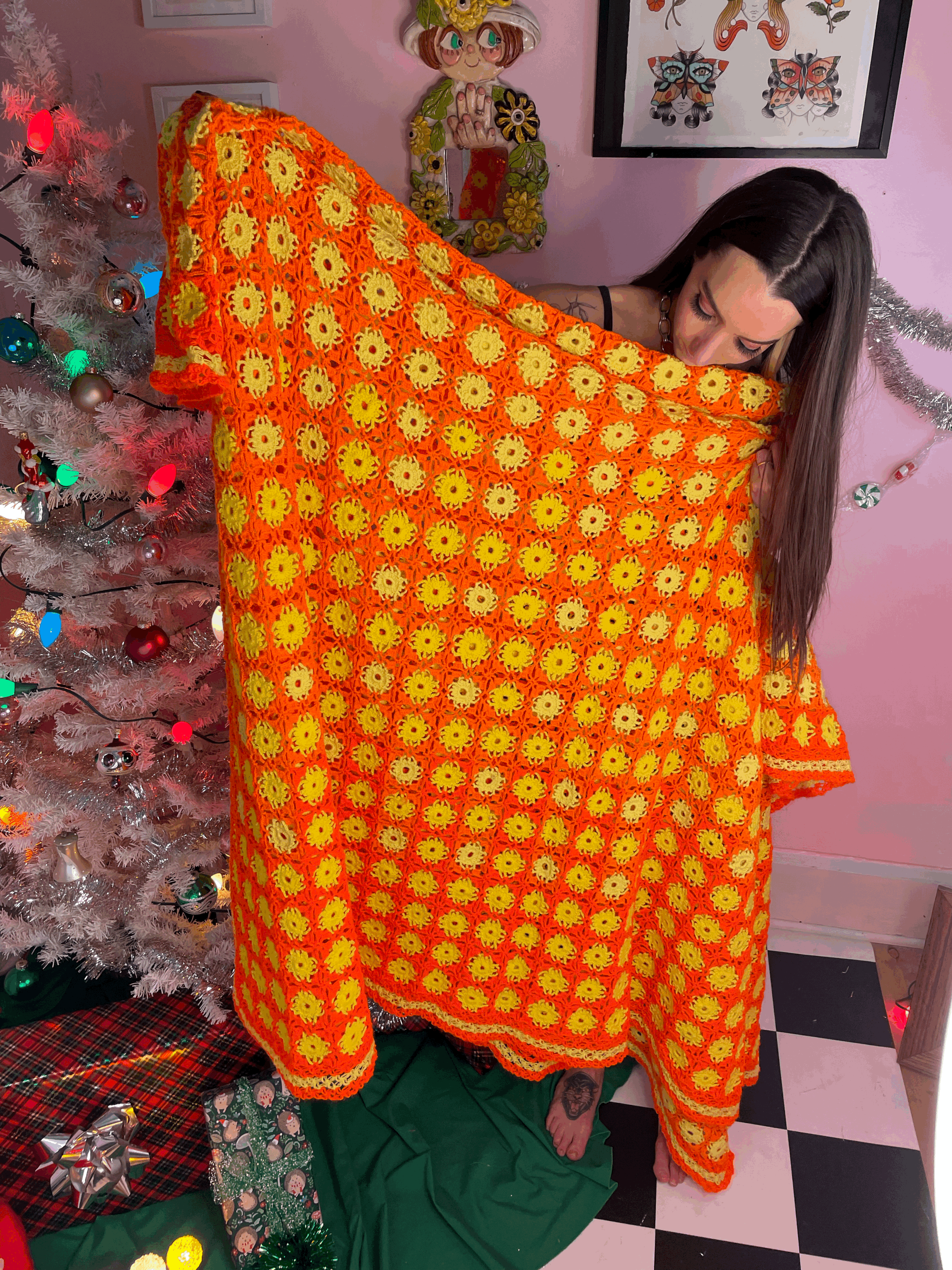 Hand crotched yellow and orange double blanket