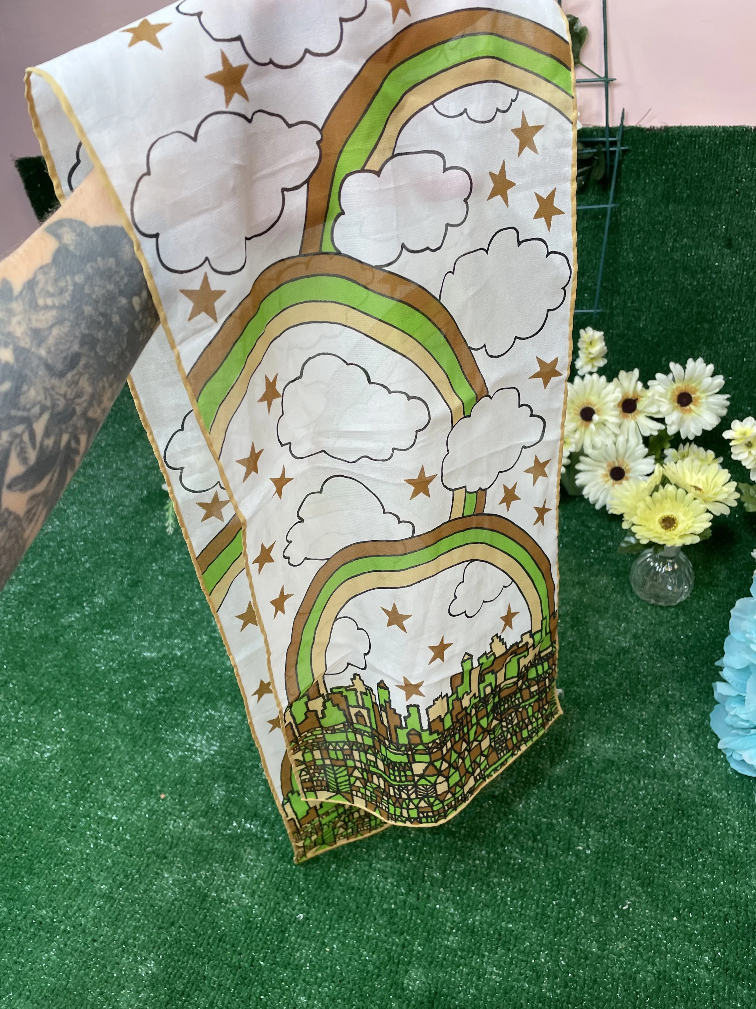 Green and Brown rainbow and cityscape Scarf