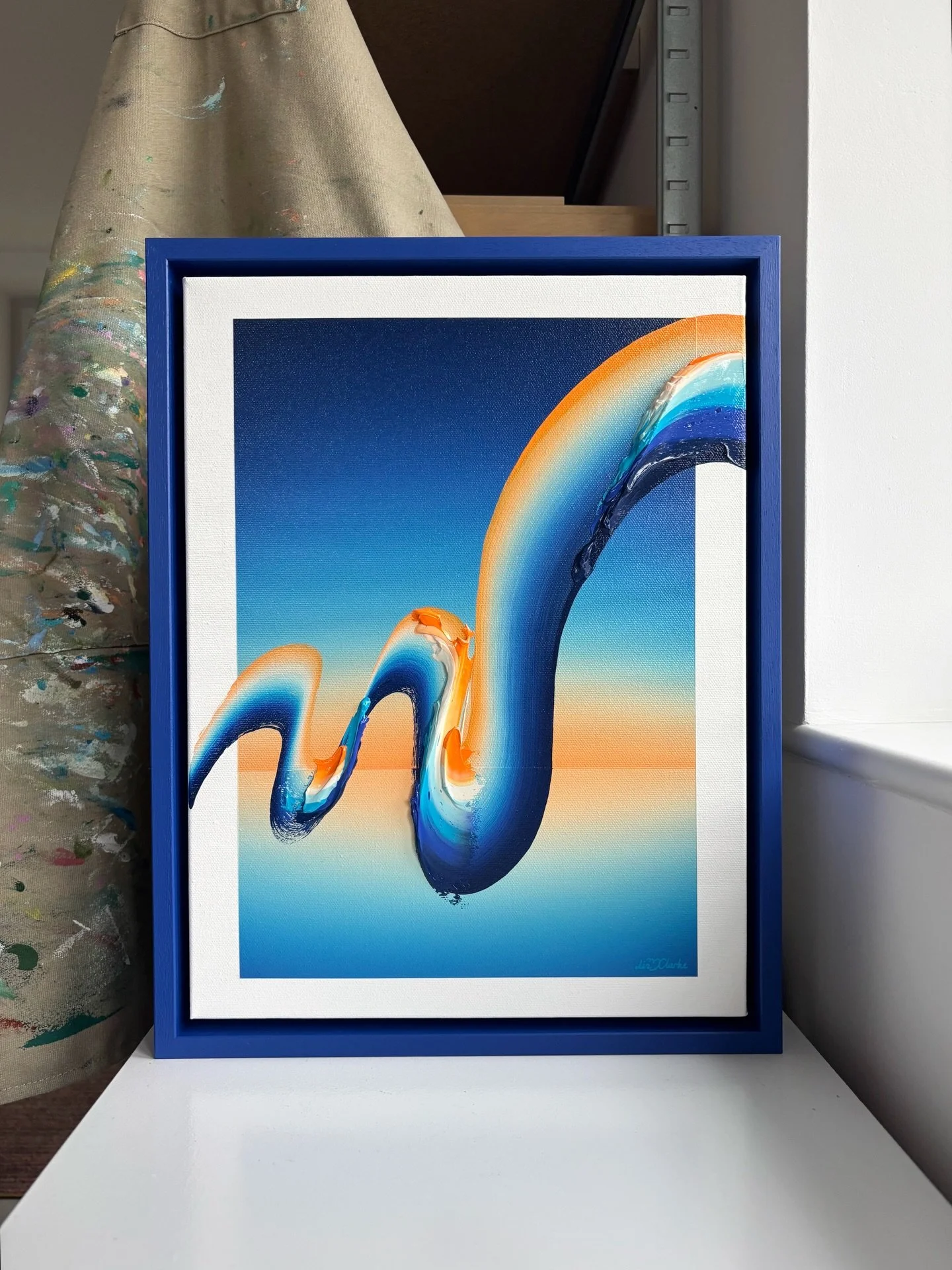 A closer look and a little story about this one:

My only real brief was the colours really - to compliment the other artworks my collector had already - and I knew that this blue/orange combo would be perfect. I&rsquo;d done the background early on 
