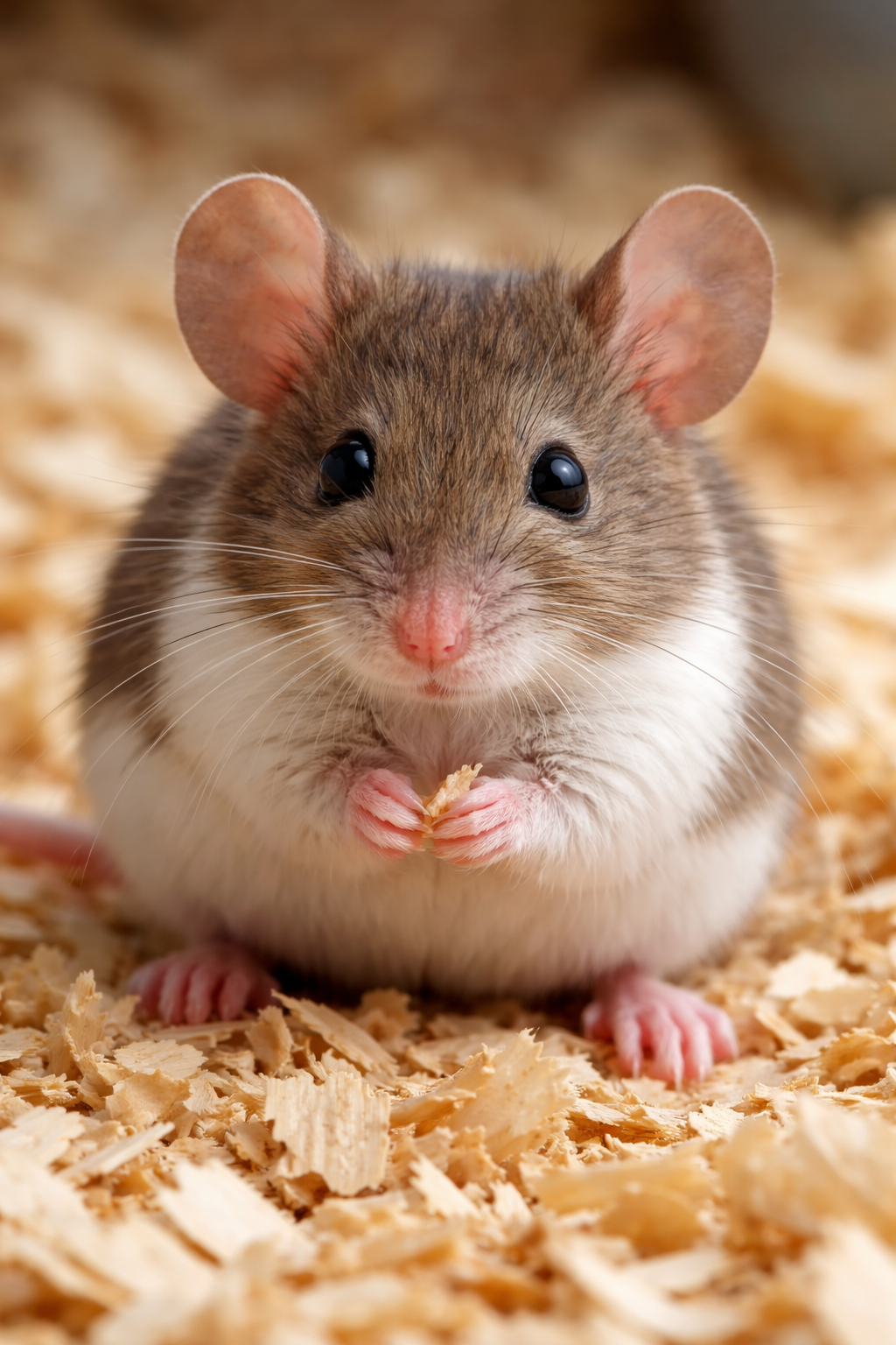 Close-up of a brown and white house mouse sitting on wood shavings, holding a small piece of food in its front paws.