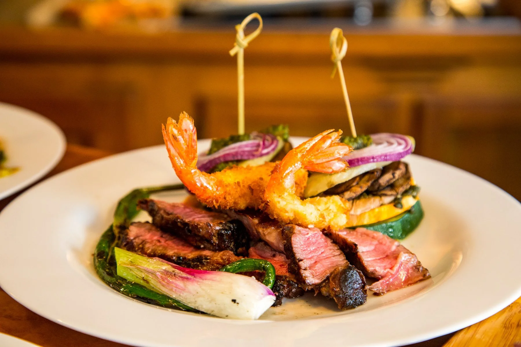Veggie stacks and rib eye and coconut shrimp by Chef Mariah