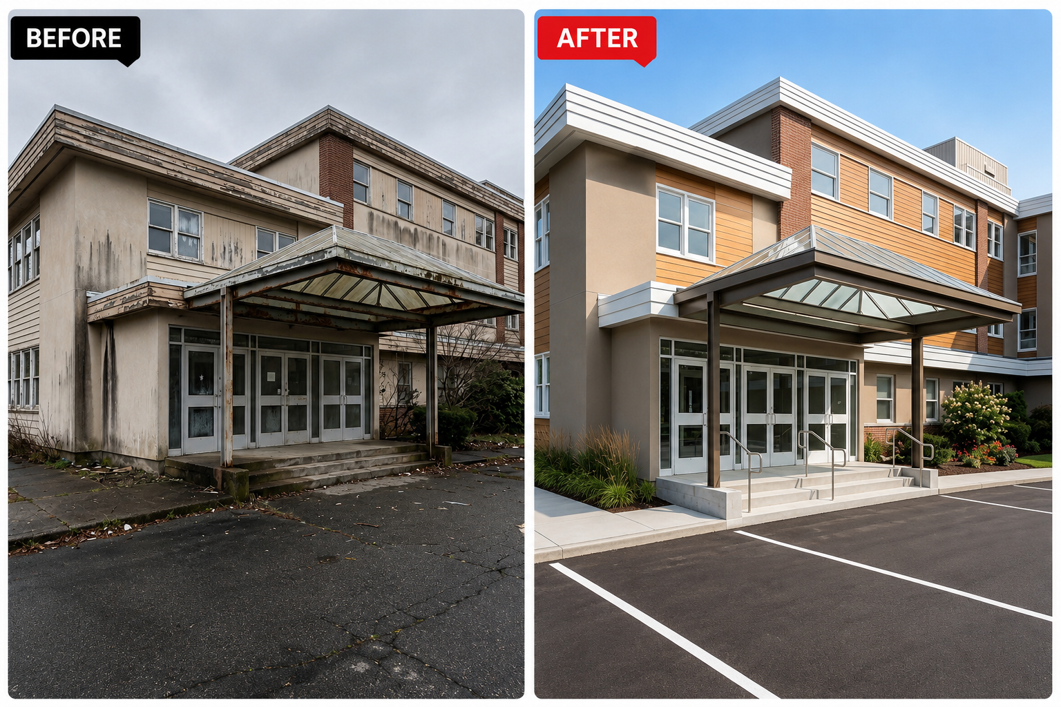 A side-by-side comparison of an older building exterior before and after renovation. The 'before' image shows a weathered, dirty building with peeling paint, rusted metal awning, and overgrown surroundings. The 'after' image displays a freshly renovated building with clean, modern design, new white and wood siding, updated glass entrance, landscaped surroundings, and a new parking lot.