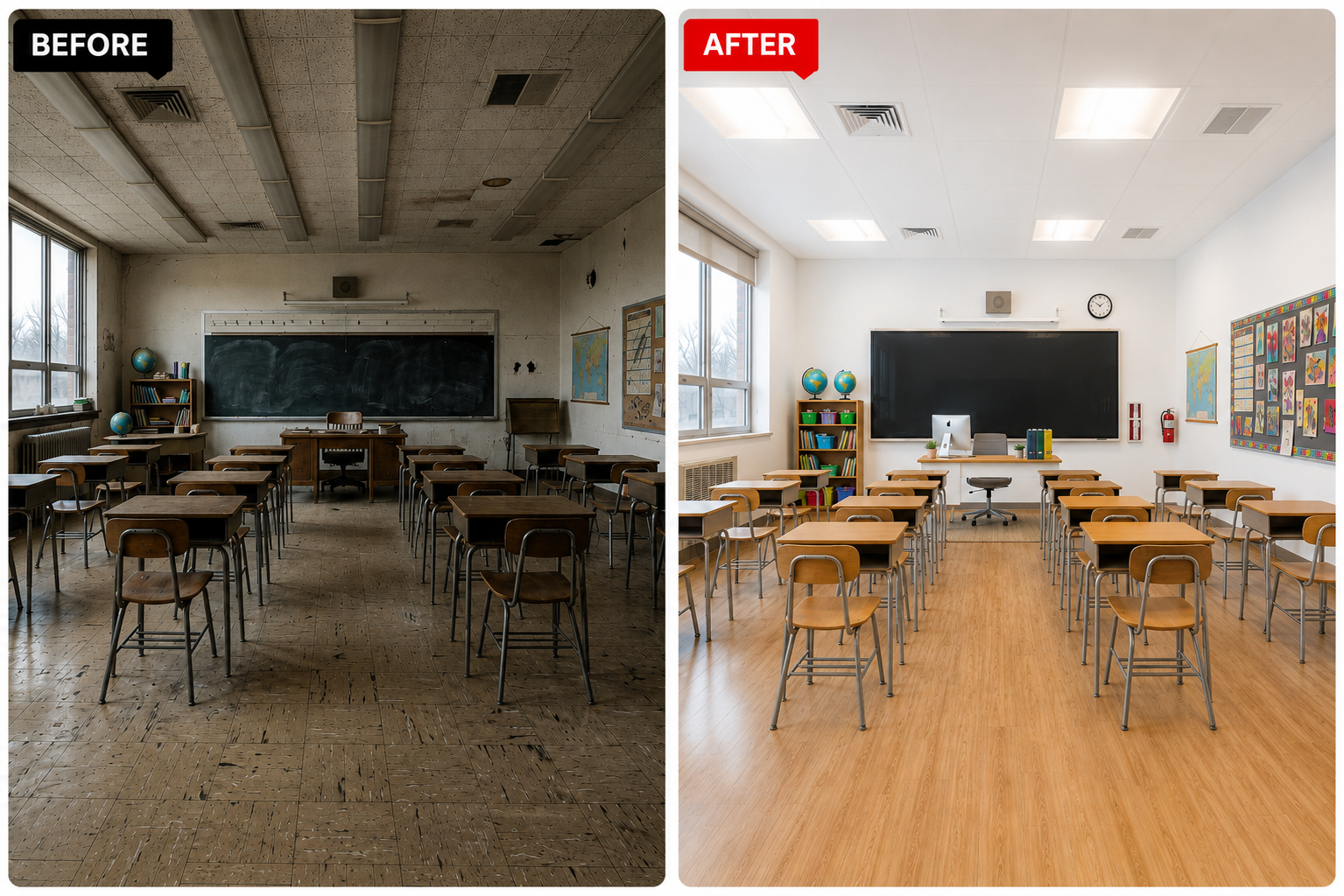 Comparison of an old, deteriorated classroom with a clean, modern classroom. The old classroom has worn-out wooden floors, a blackboard, and dusty desks. The modern classroom features a polished wooden floor, bright white walls, a blackboard, and updated classroom furniture, including a computer on the teacher's desk and colorful wall decorations.