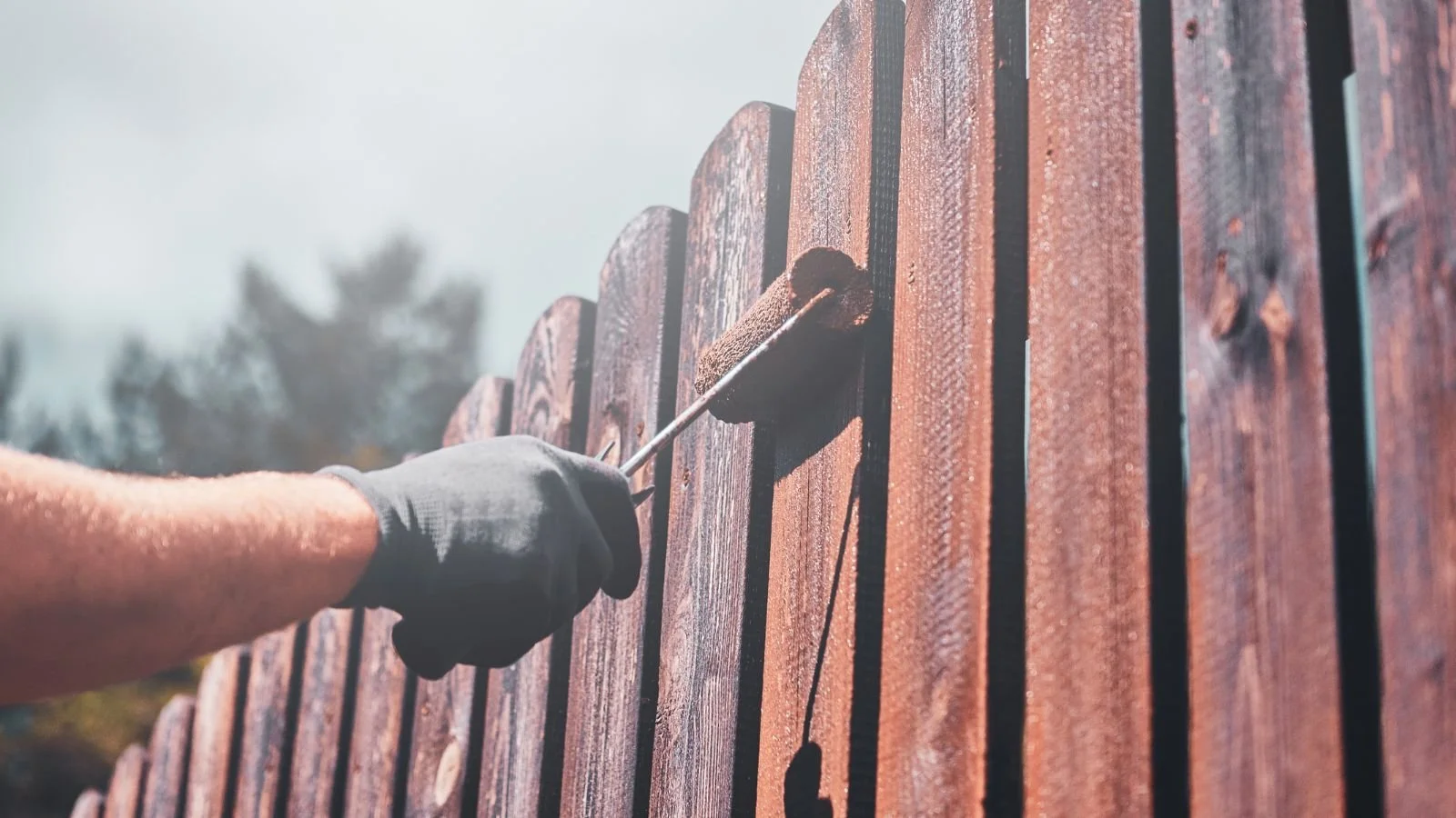 A person wearing a glove painting a wooden fence with a roller brush.
