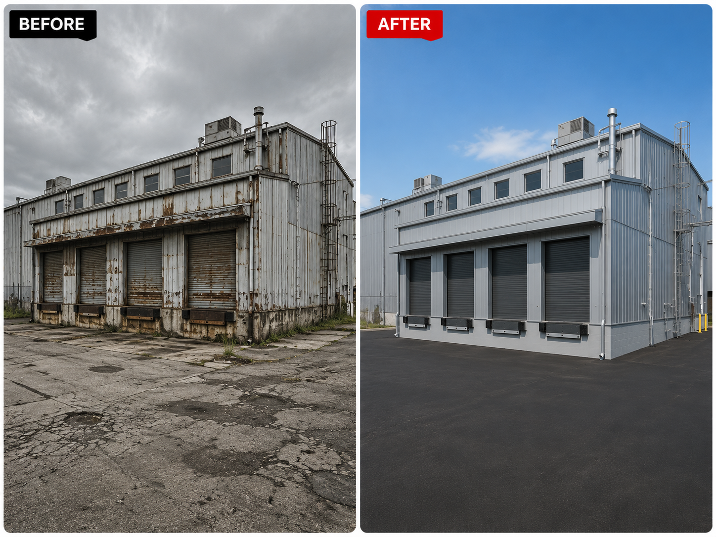 Comparison of an old, rusty industrial building before and after renovation, showing improved exterior appearance and clean surroundings.
