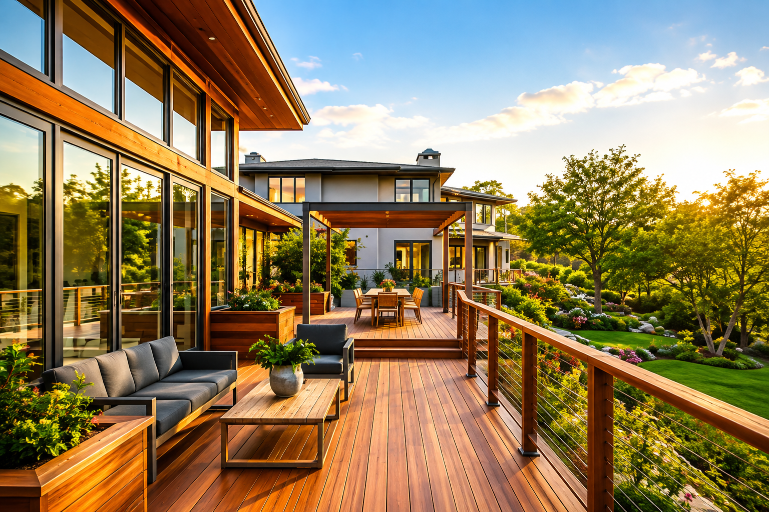 A spacious balcony with outdoor seating, wooden flooring, and a view of lush green trees and a landscaped garden in the evening sunlight.
