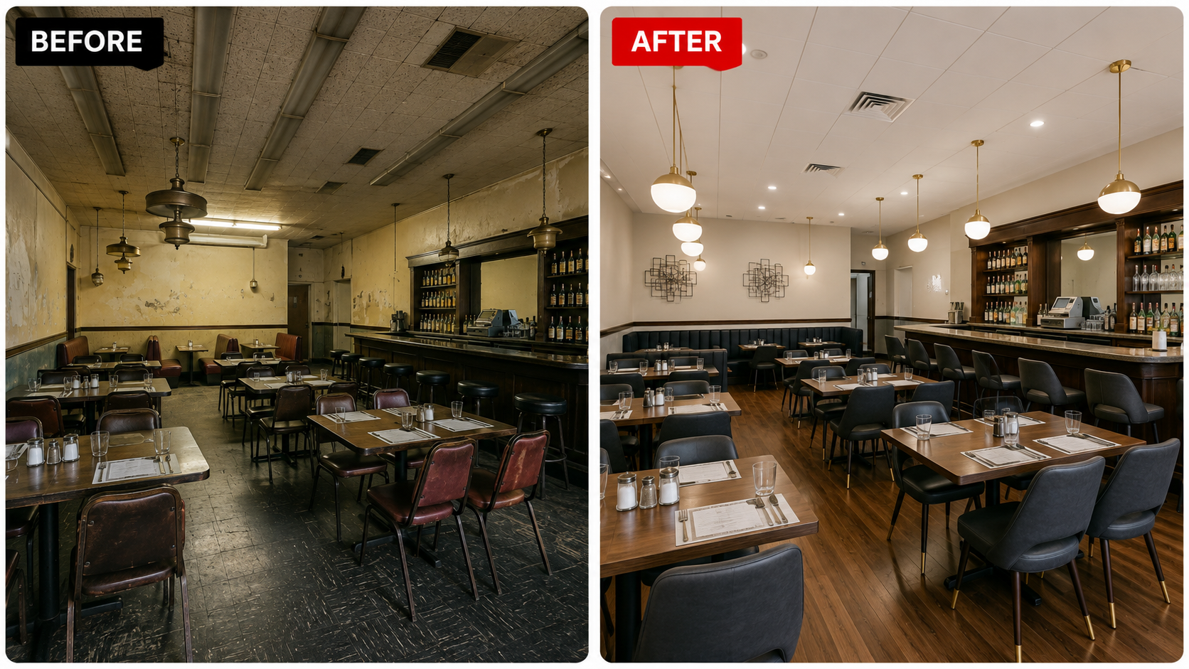 Comparison of a restaurant interior before and after renovation. The before side shows an old, worn space with peeling paint, dark flooring, and dated lighting fixtures. The after side displays a modernized, clean space with new lighting, hardwood floors, and updated decor.