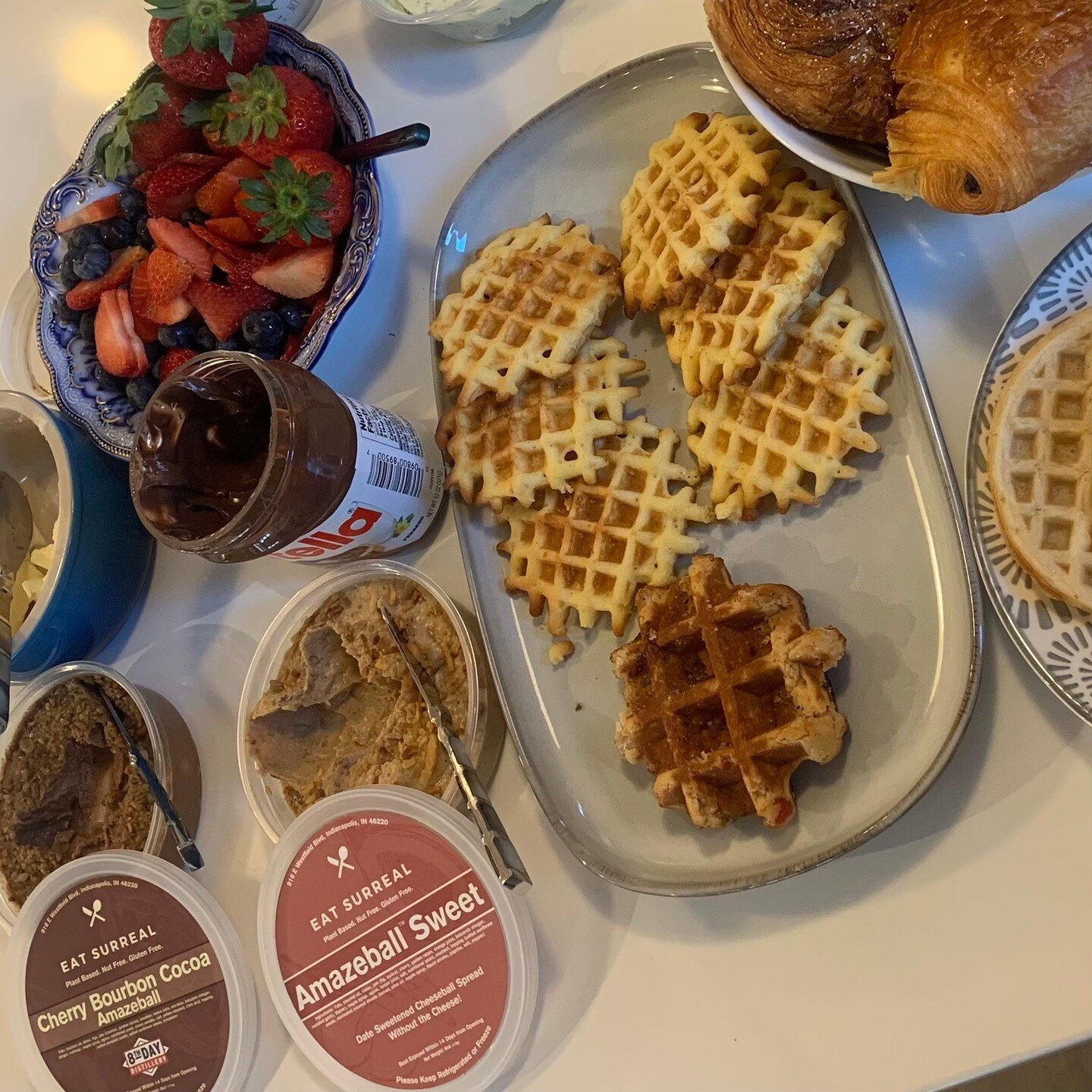 Take your brunch to the next level with Amazeball waffles topped with our Sweet or @8thdaydistillery Cherry Bourbon Cocoa spreads!