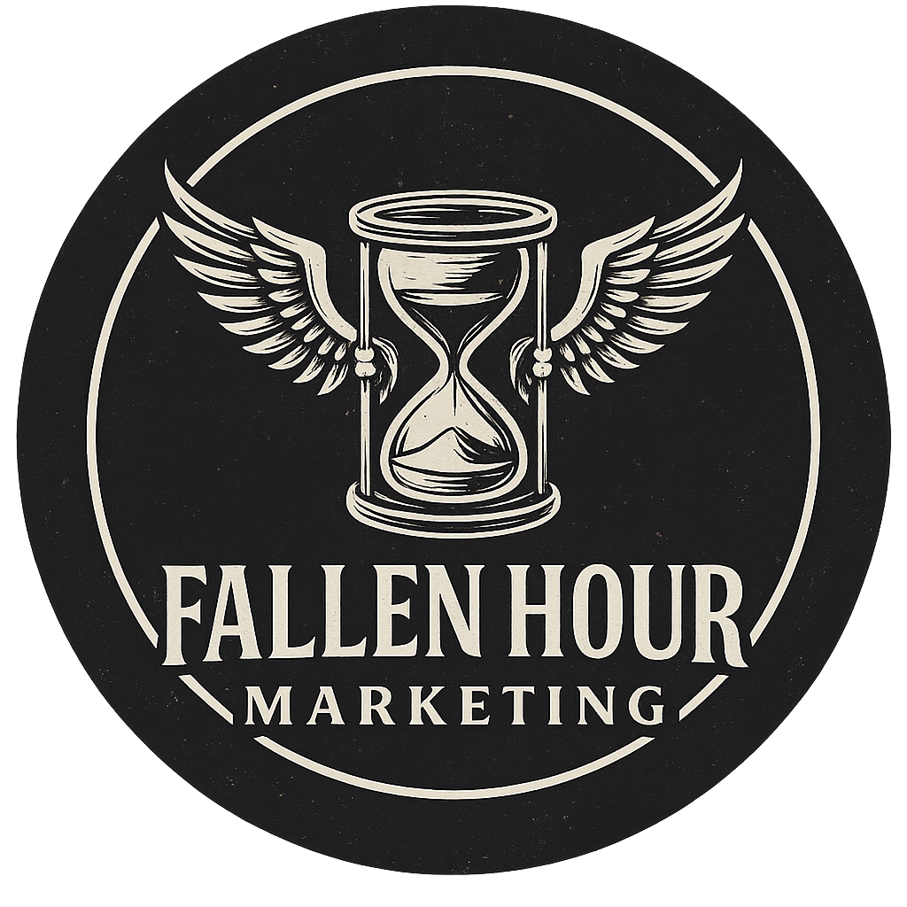 A black circular logo with a winged hourglass graphic above the words "Fallen Hour Marketing".