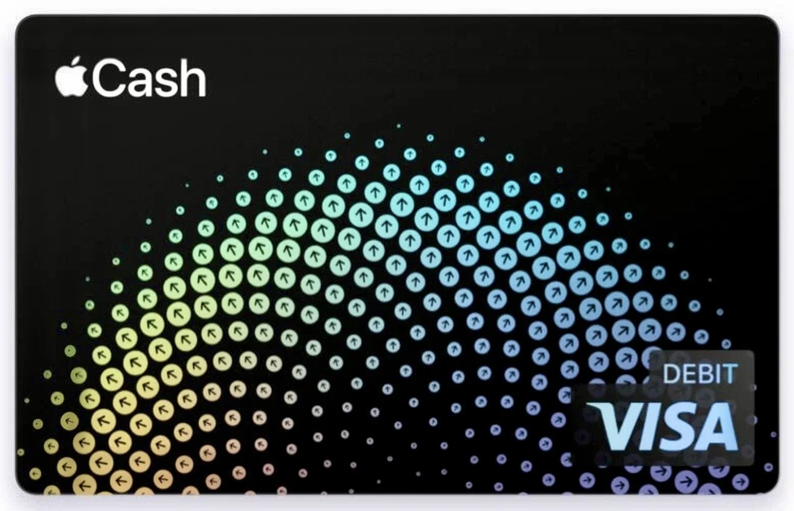 Apple Cash and Visa debit card with a colorful dotted background on a black surface.