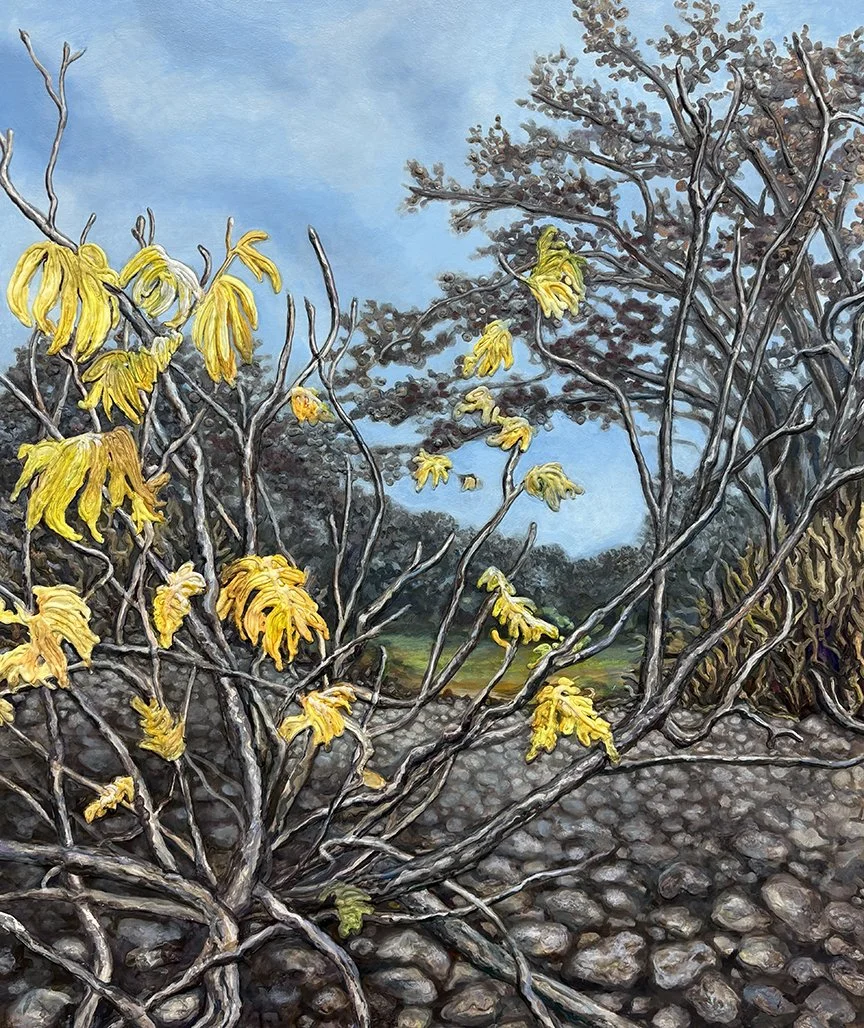 Golden, 2024, Acrylic and spackle on wood, 
36”x30” (Concan, TX–Garner State Park)
$2500
