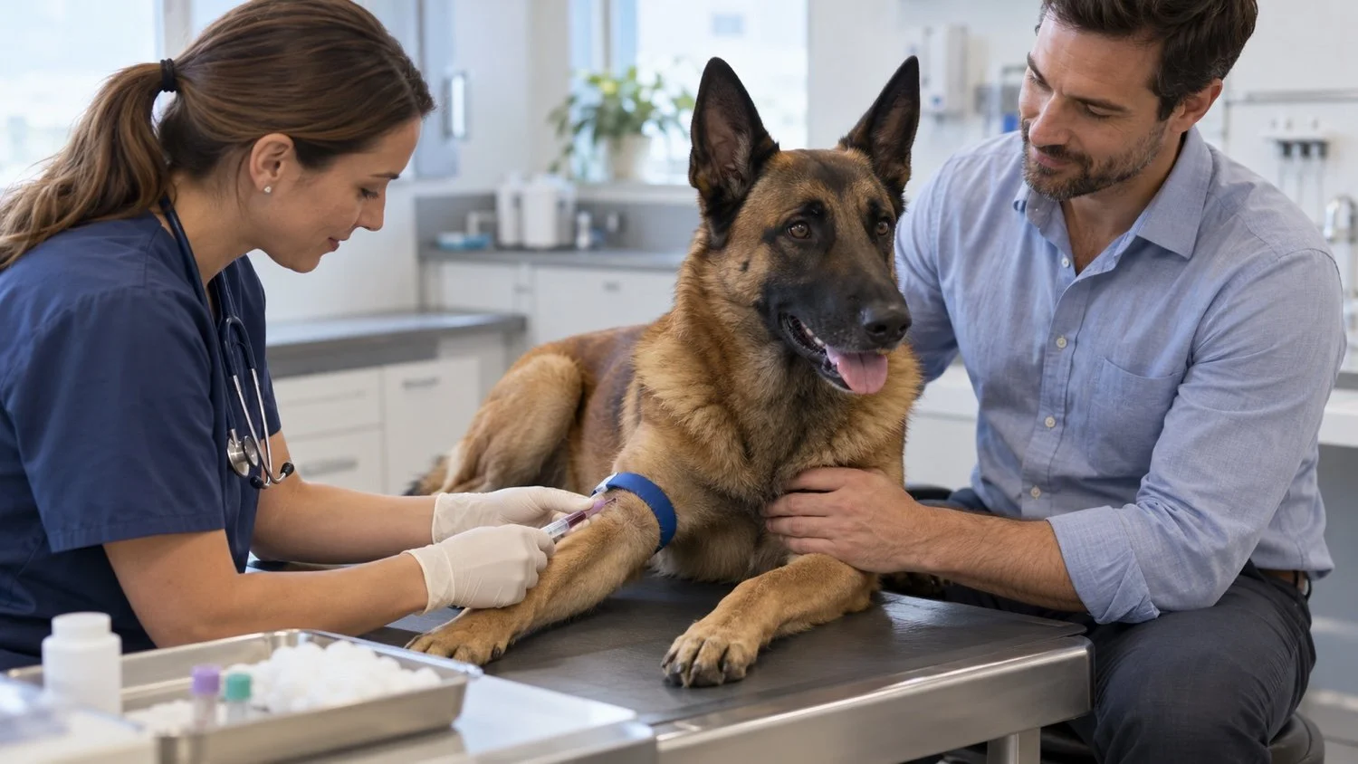 A veterinarian prepares a blood sample from a dog during a clinic visit.